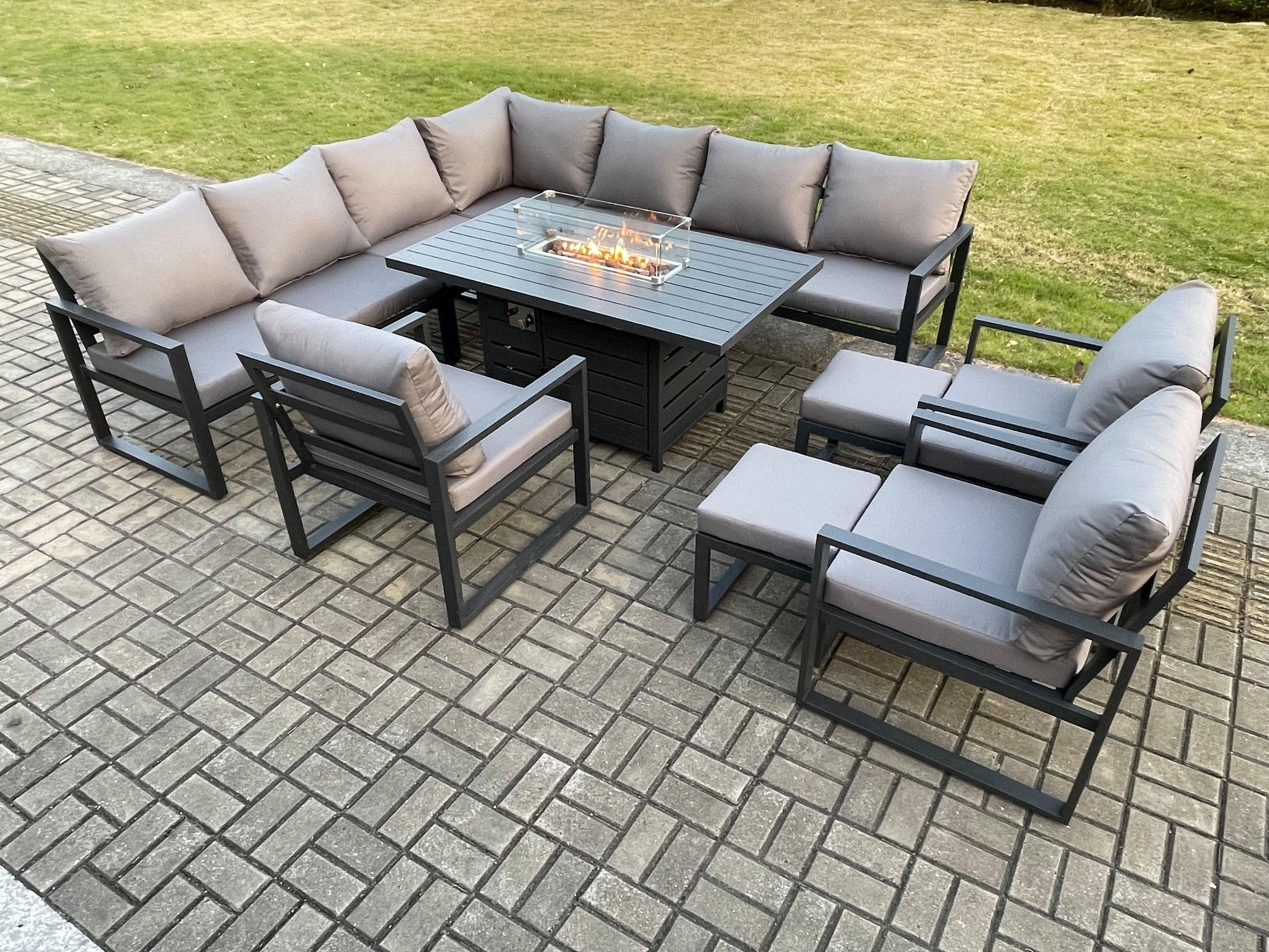 Aluminium 12 Seater Garden Furniture Outdoor Set Patio Lounge Sofa Gas Fire Pit Dining Table Set 3 Chairs Dark Grey