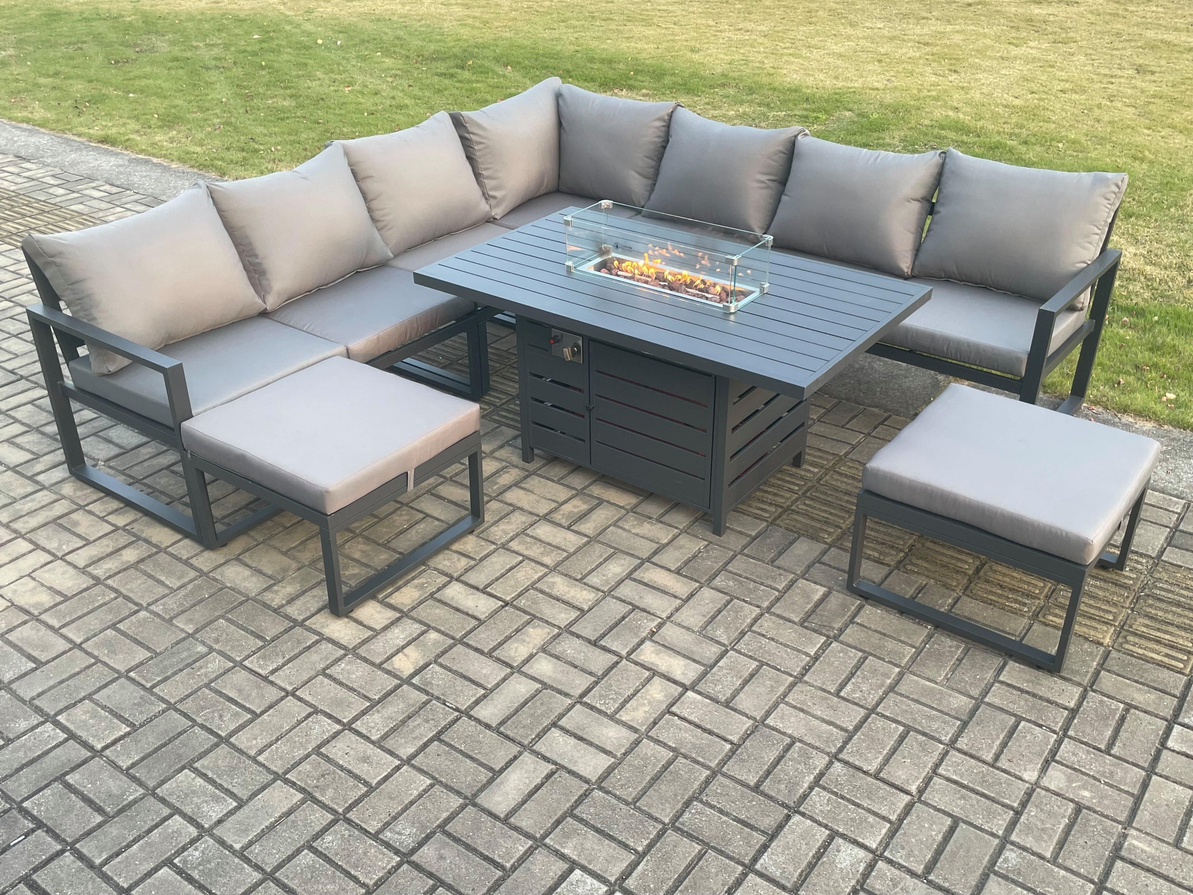 Aluminium 9 Seater Garden Furniture Outdoor Set Patio Lounge Sofa Gas Fire Pit Dining Table Set 2 Big Footstools Dark Grey
