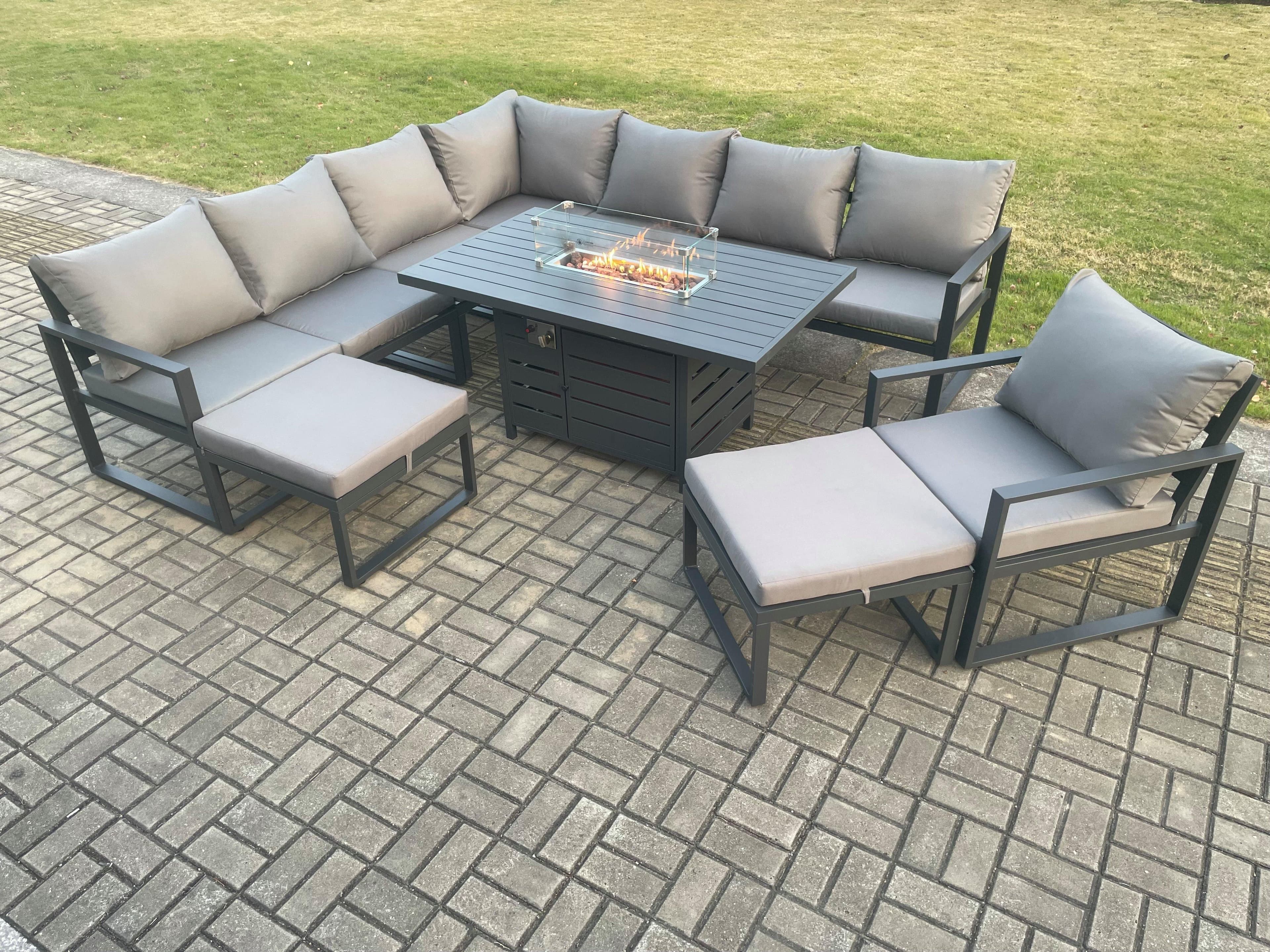 Aluminium 10 Seater Garden Furniture Outdoor Set Patio Lounge Sofa Gas Fire Pit Dining Table Set Chair 2 Big Footstools Dark Grey