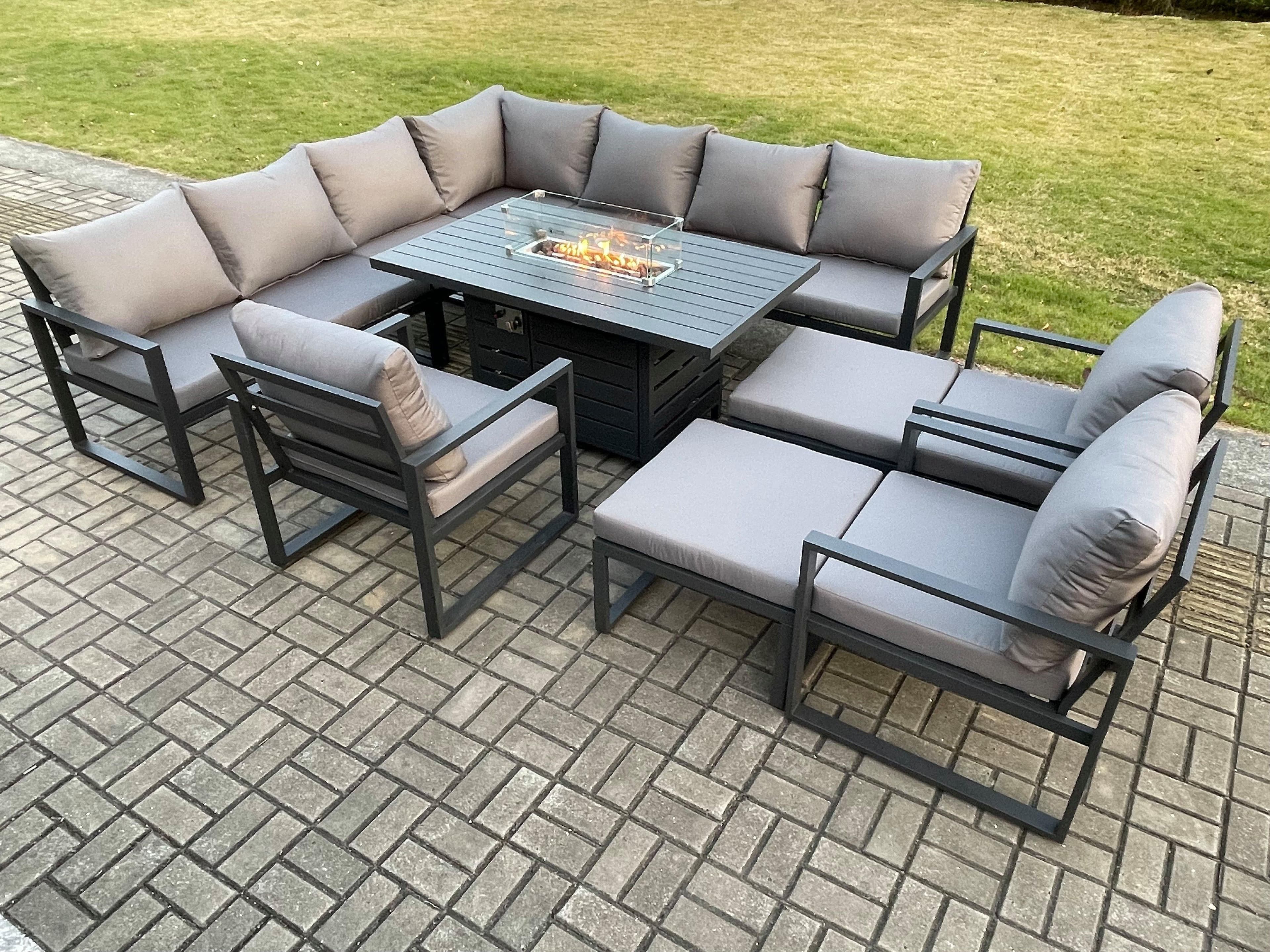 Aluminium 12 Seater Garden Furniture Outdoor Set Patio Lounge Sofa Gas Fire Pit Dining Table Set 3 Chair 2 Big Footstools Dark Grey
