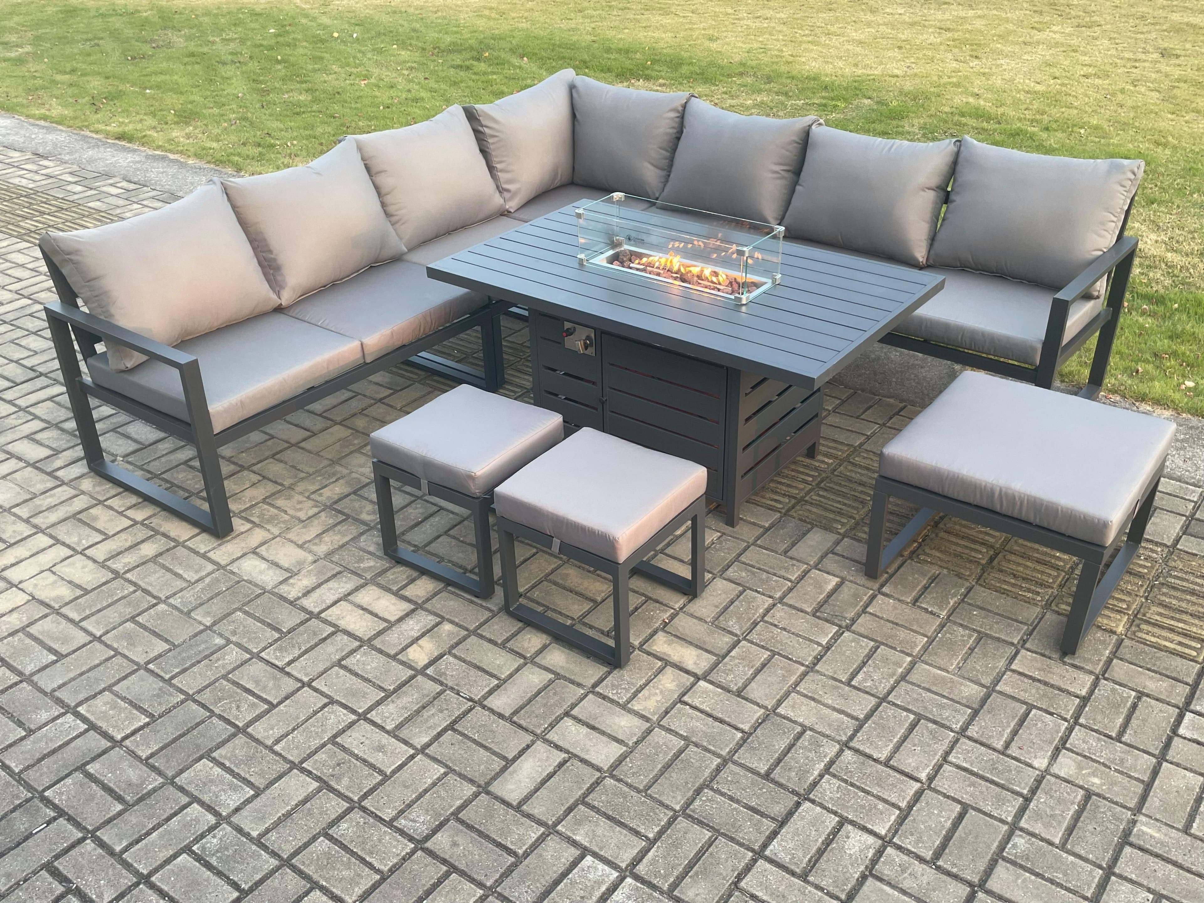 Aluminium Lounge Corner Sofa Outdoor Garden Furniture Sets Gas Fire Pit Dining Table Set 3 Footstools Dark Grey