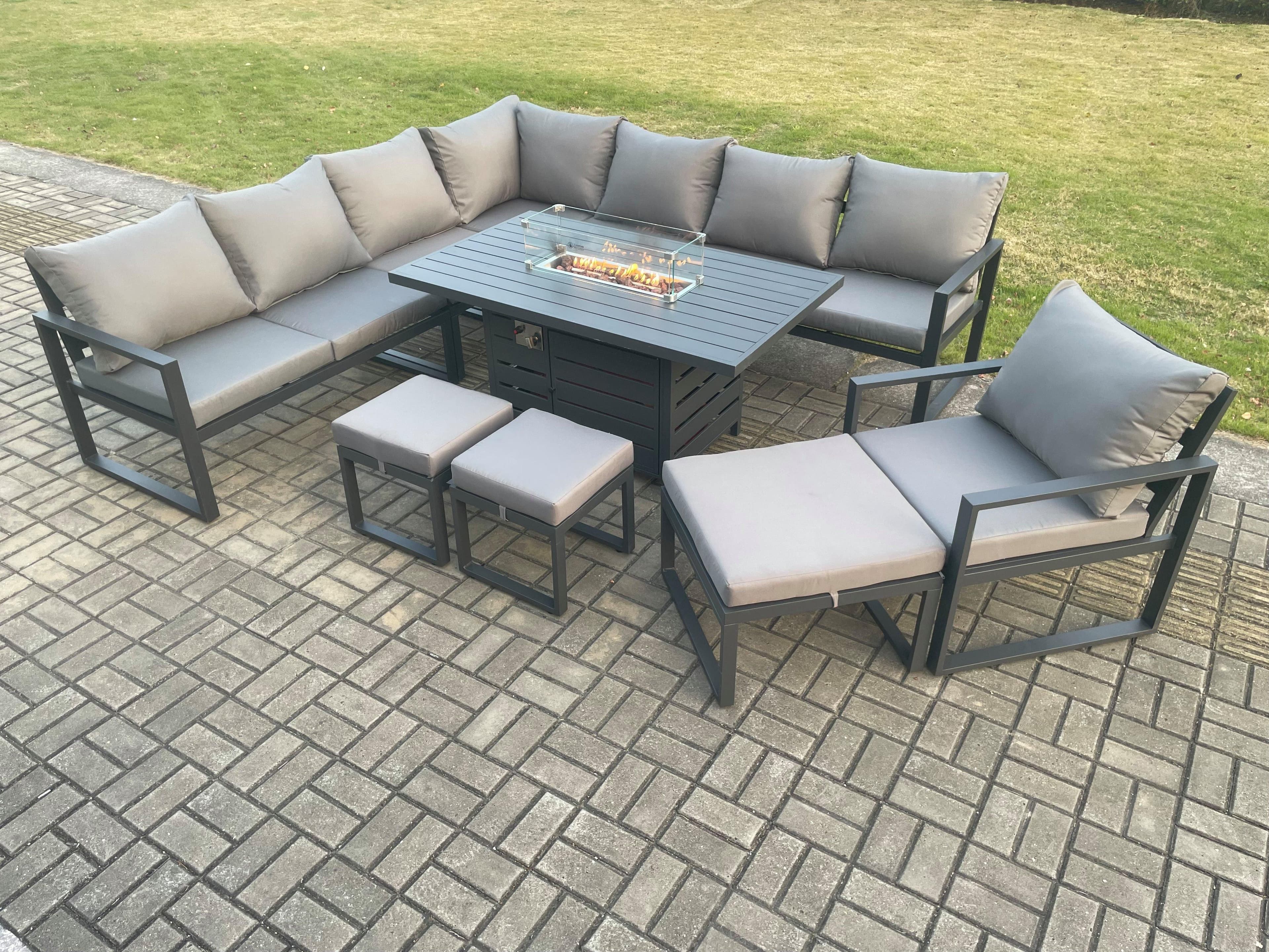 Aluminium Lounge Corner Sofa Outdoor Garden Furniture Sets Gas Fire Pit Dining Table Set Chair 3 Footstools Dark Grey