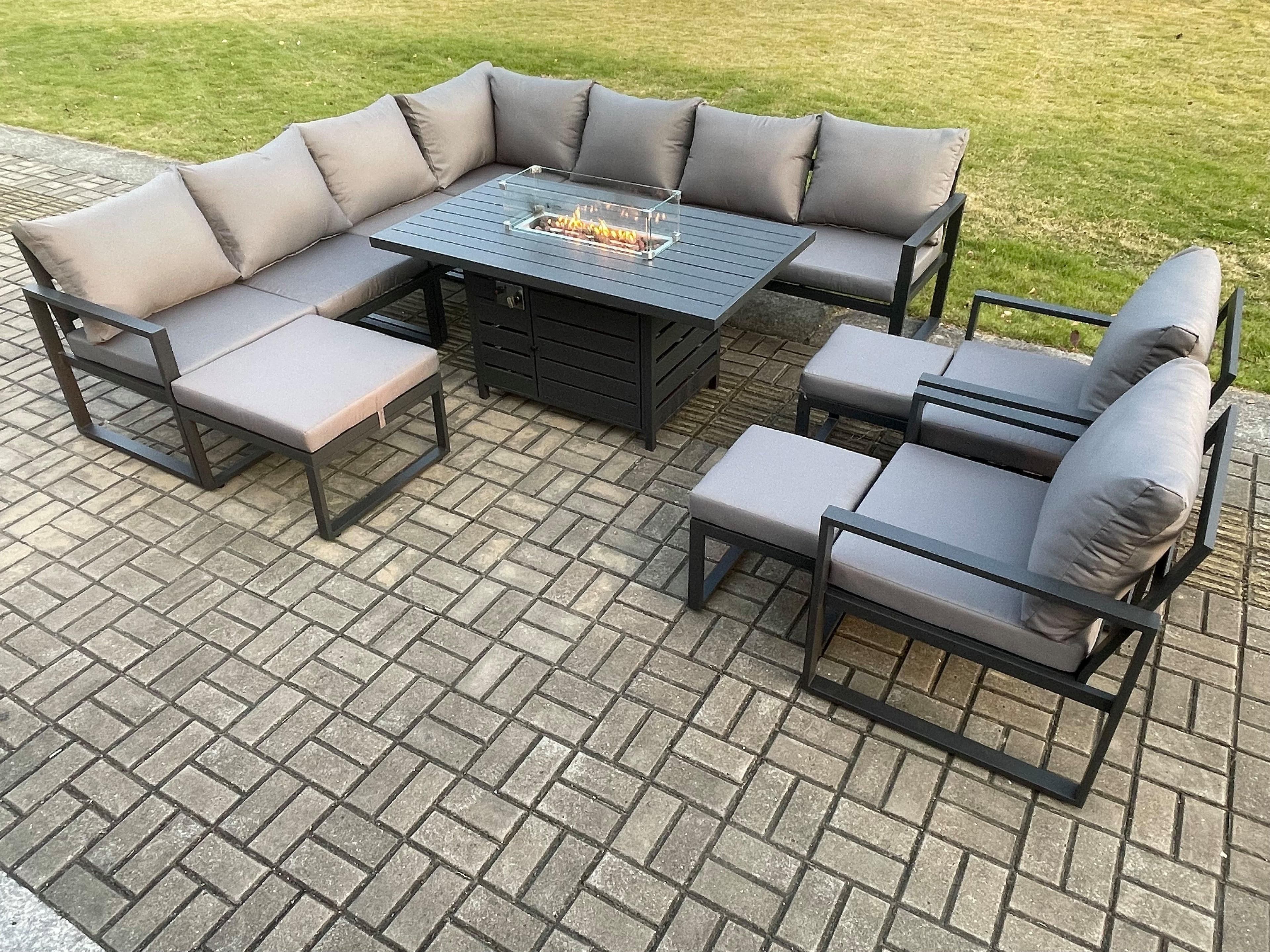 Aluminium Lounge Corner Sofa Outdoor Garden Furniture Sets Gas Fire Pit Dining Table Set 2 Chairs 3 Footstools Dark Grey