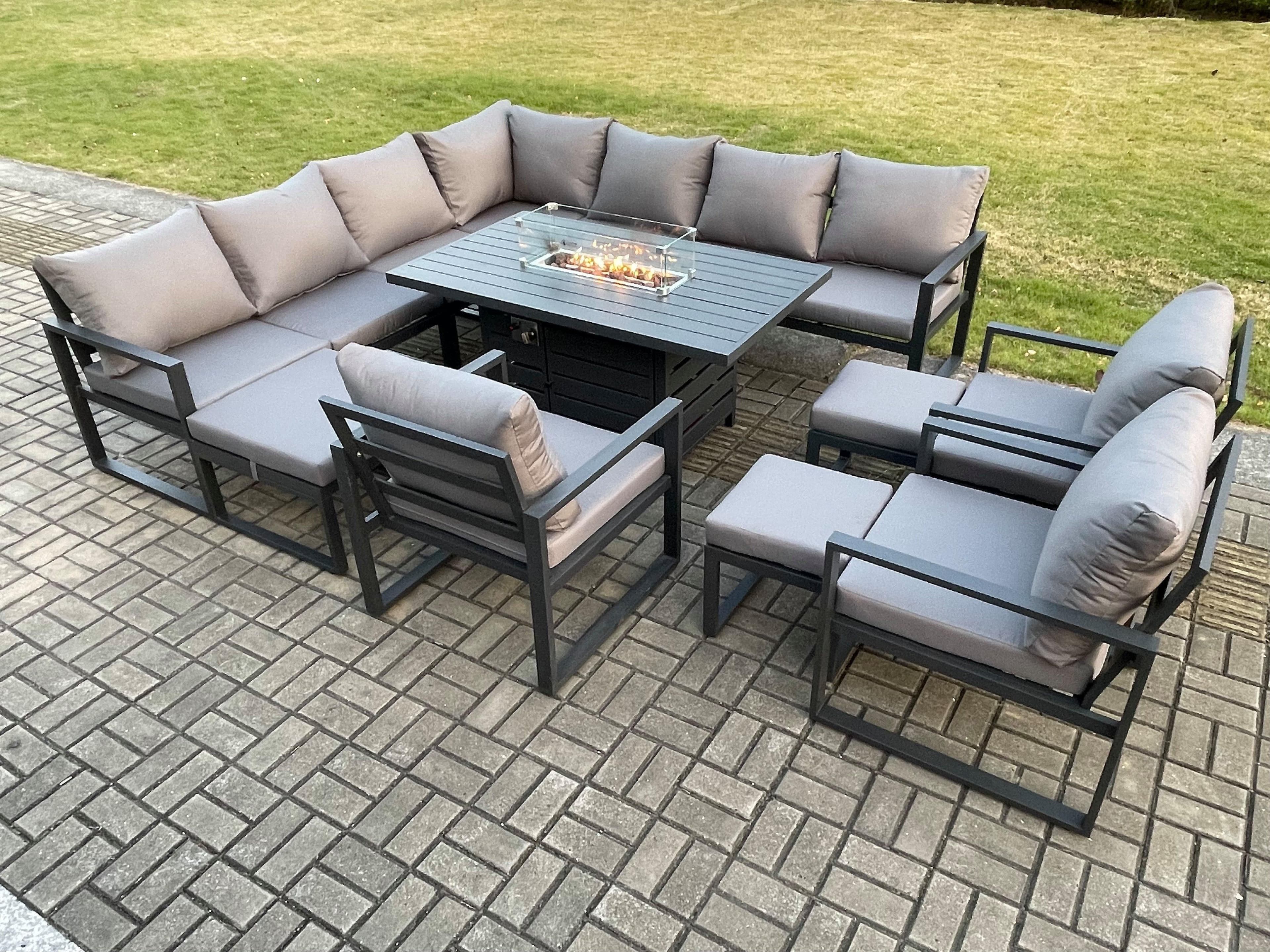 Aluminium Lounge Corner Sofa Outdoor Garden Furniture Sets Gas Fire Pit Dining Table Set 3 Chairs 3 Footstools Dark Grey