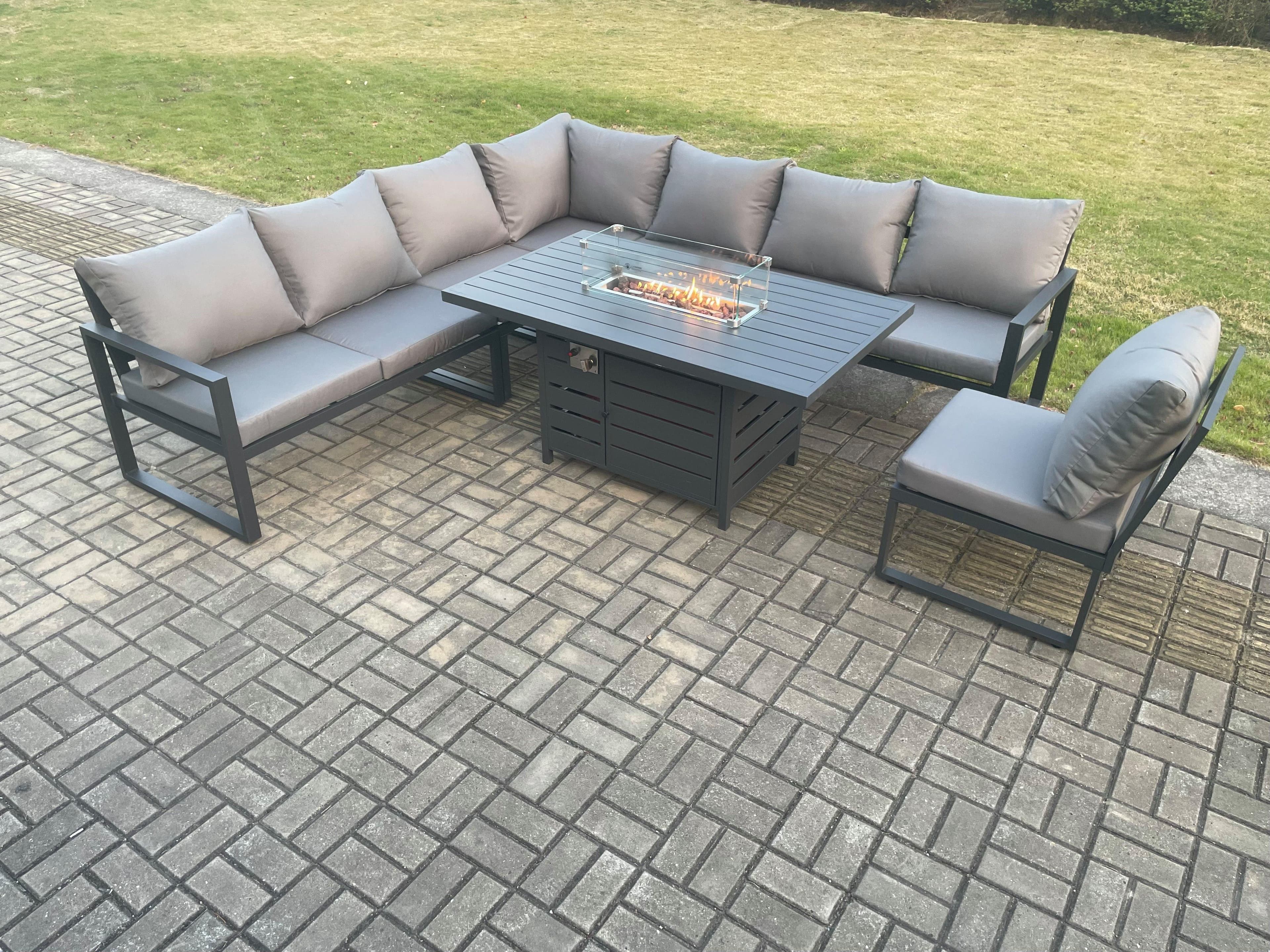 Aluminium Lounge Corner Sofa Outdoor Garden Furniture Sets Gas Fire Pit Dining Table Set Dark Grey