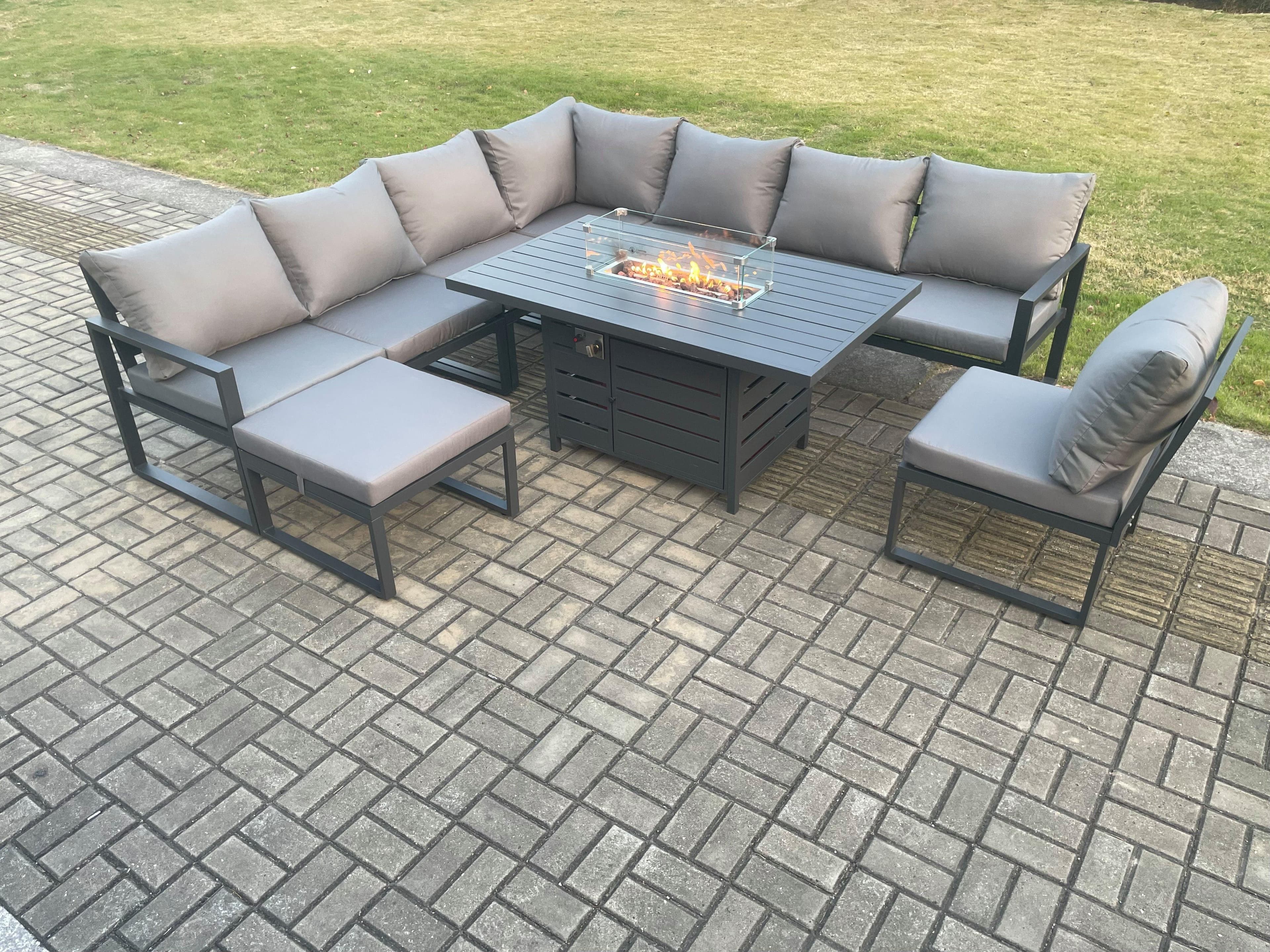Aluminium Lounge Corner Sofa Outdoor Garden Furniture Sets Gas Fire Pit Dining Table Set Big Footstool Dark Grey