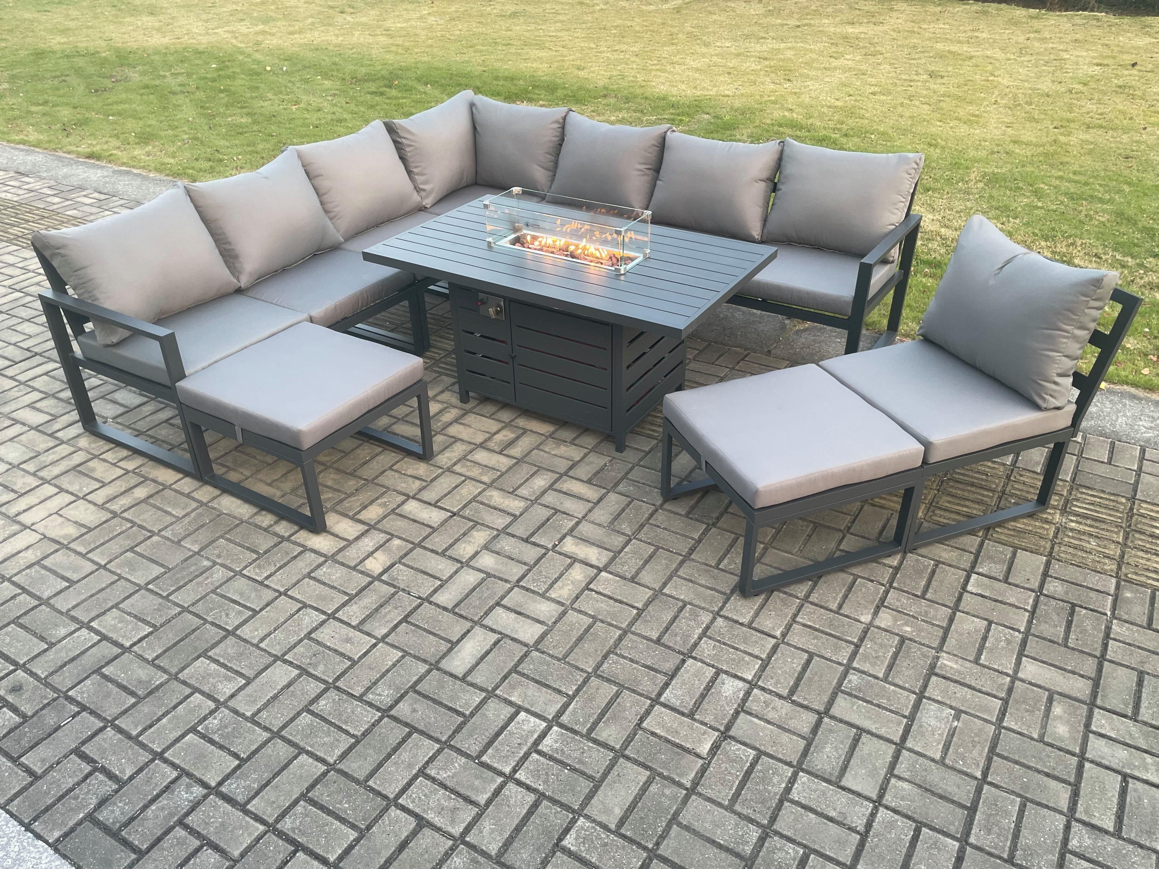 Aluminium Lounge Corner Sofa Outdoor Garden Furniture Sets Gas Fire Pit Dining Table Set 2 Big Footstools Dark Grey
