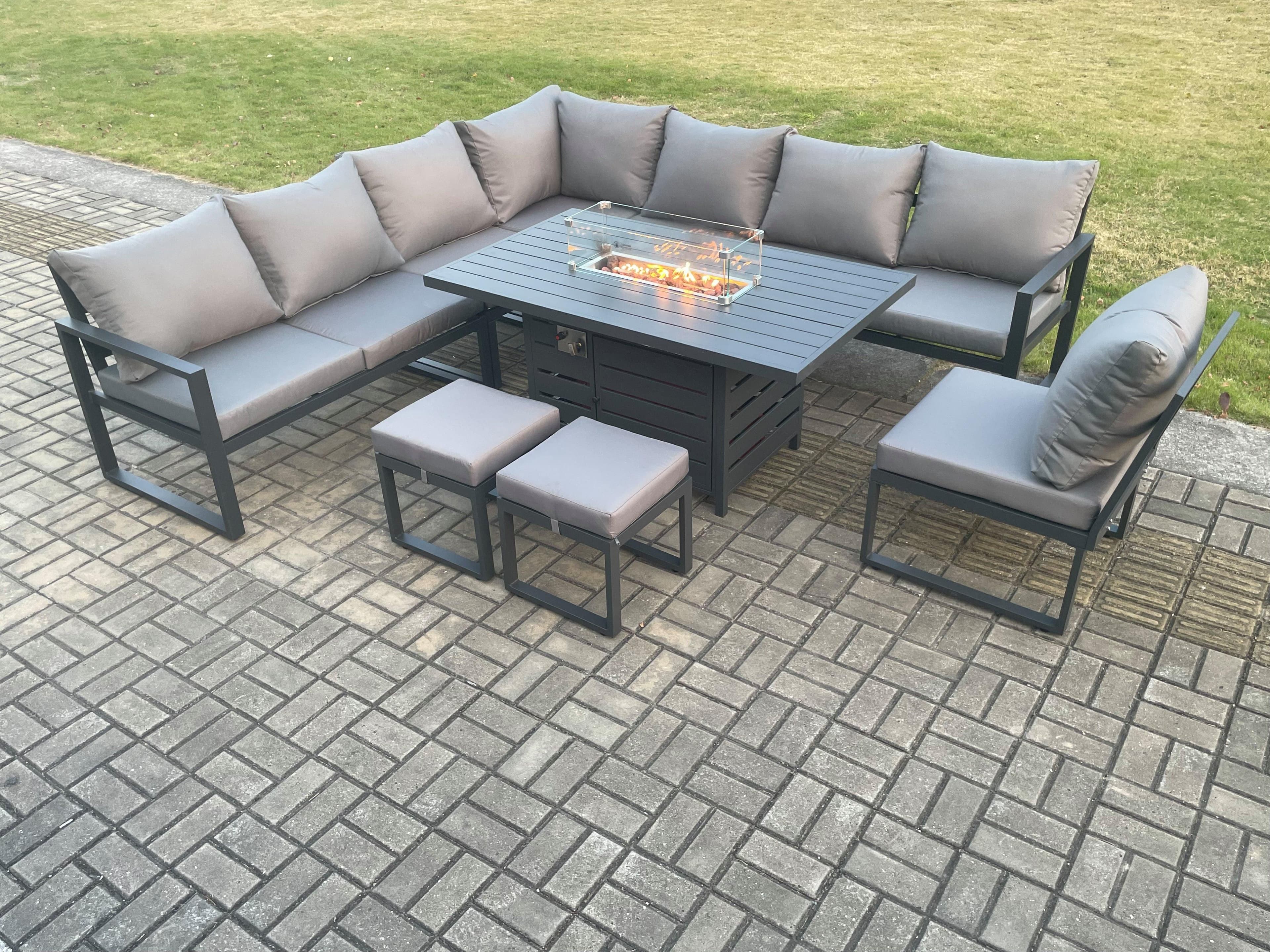 Aluminium Lounge Corner Sofa Outdoor Garden Furniture Sets Gas Fire Pit Dining Table Set Footstools Dark Grey