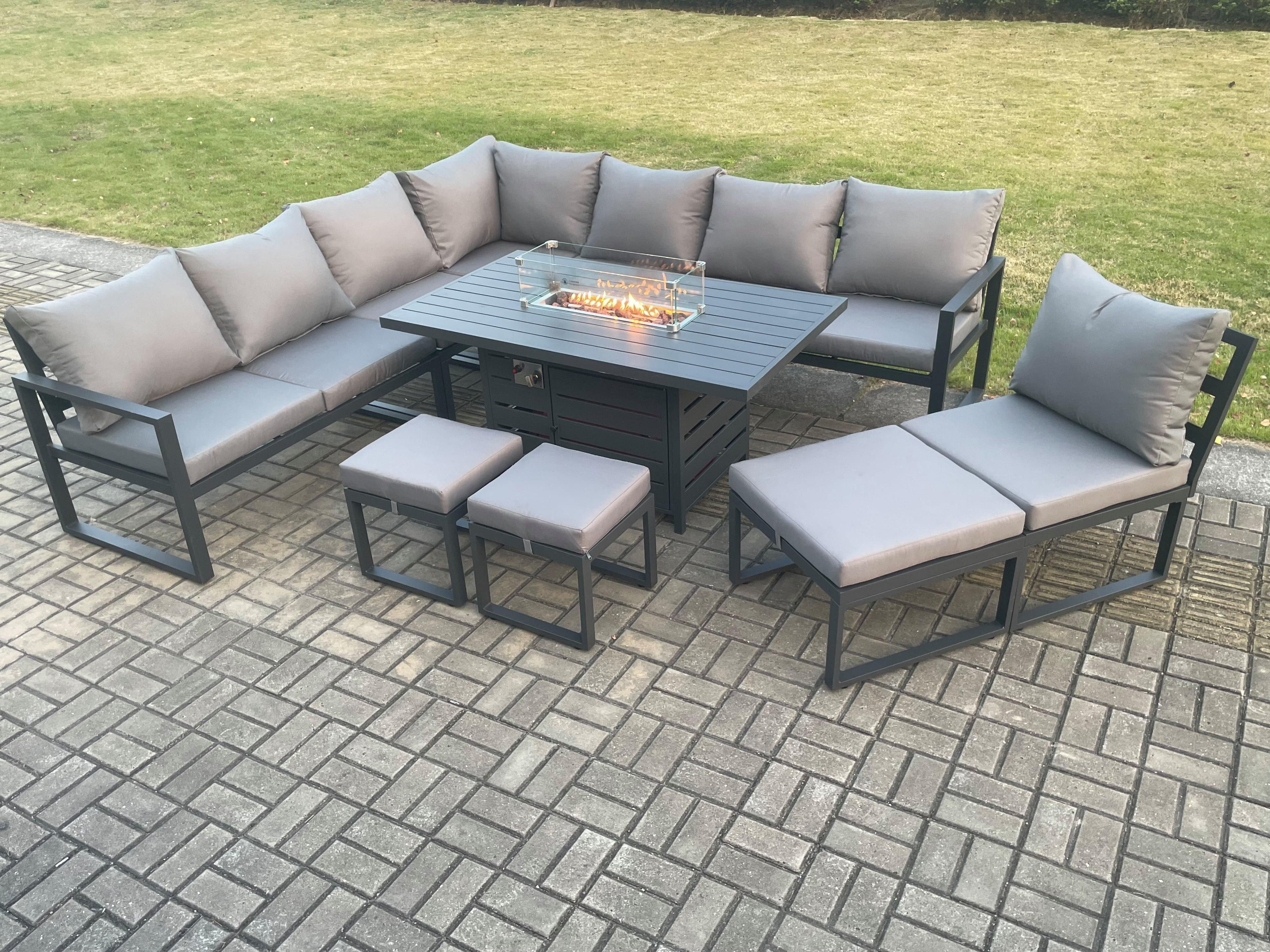 Aluminium Lounge Corner Sofa Outdoor Garden Furniture Sets Gas Fire Pit Dining Table Set 3 Footstools