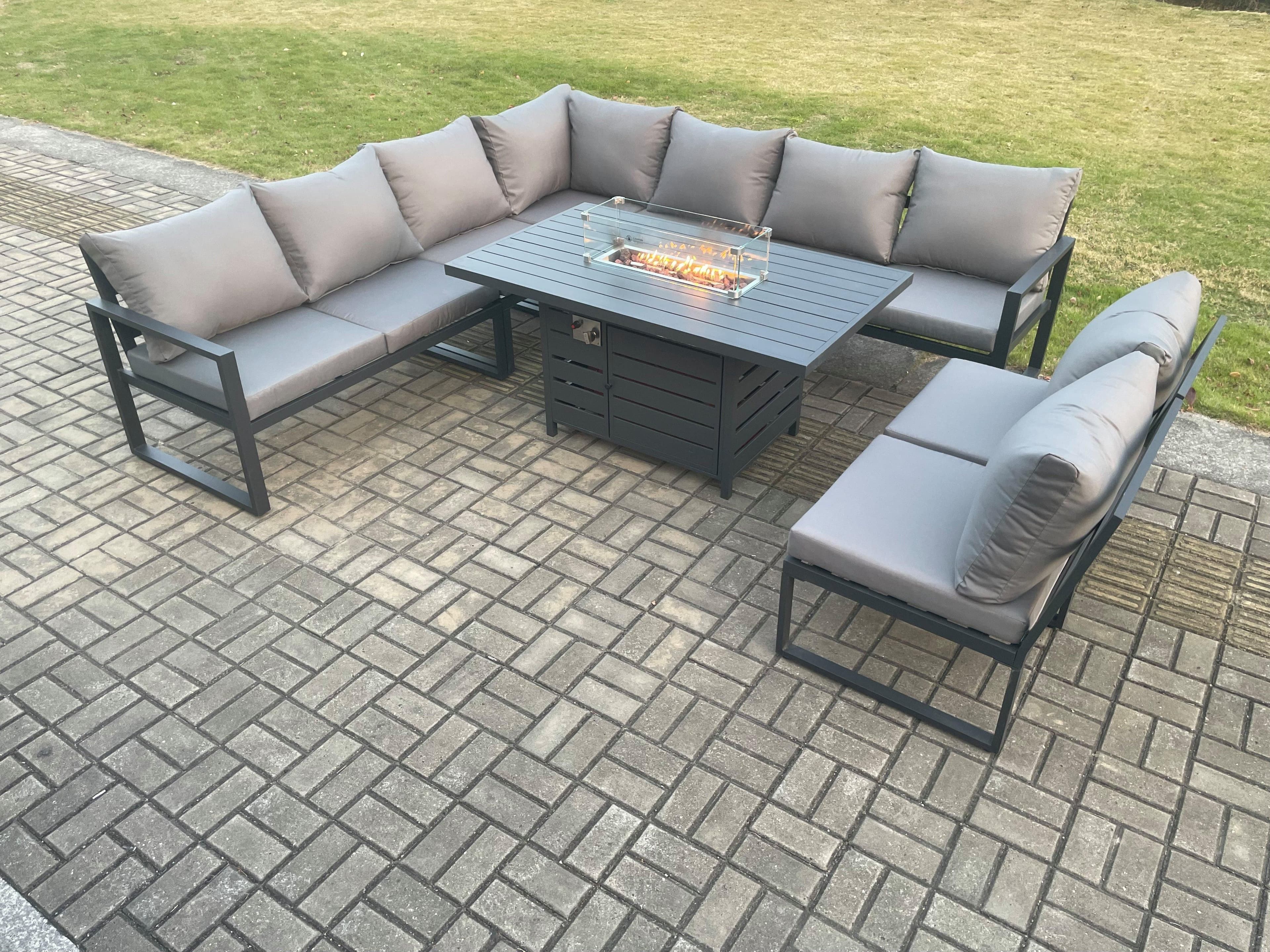 Aluminium 9 Seater Lounge Corner Sofa Outdoor Garden Furniture Sets Gas Fire Pit Dining Table Set Dark Grey