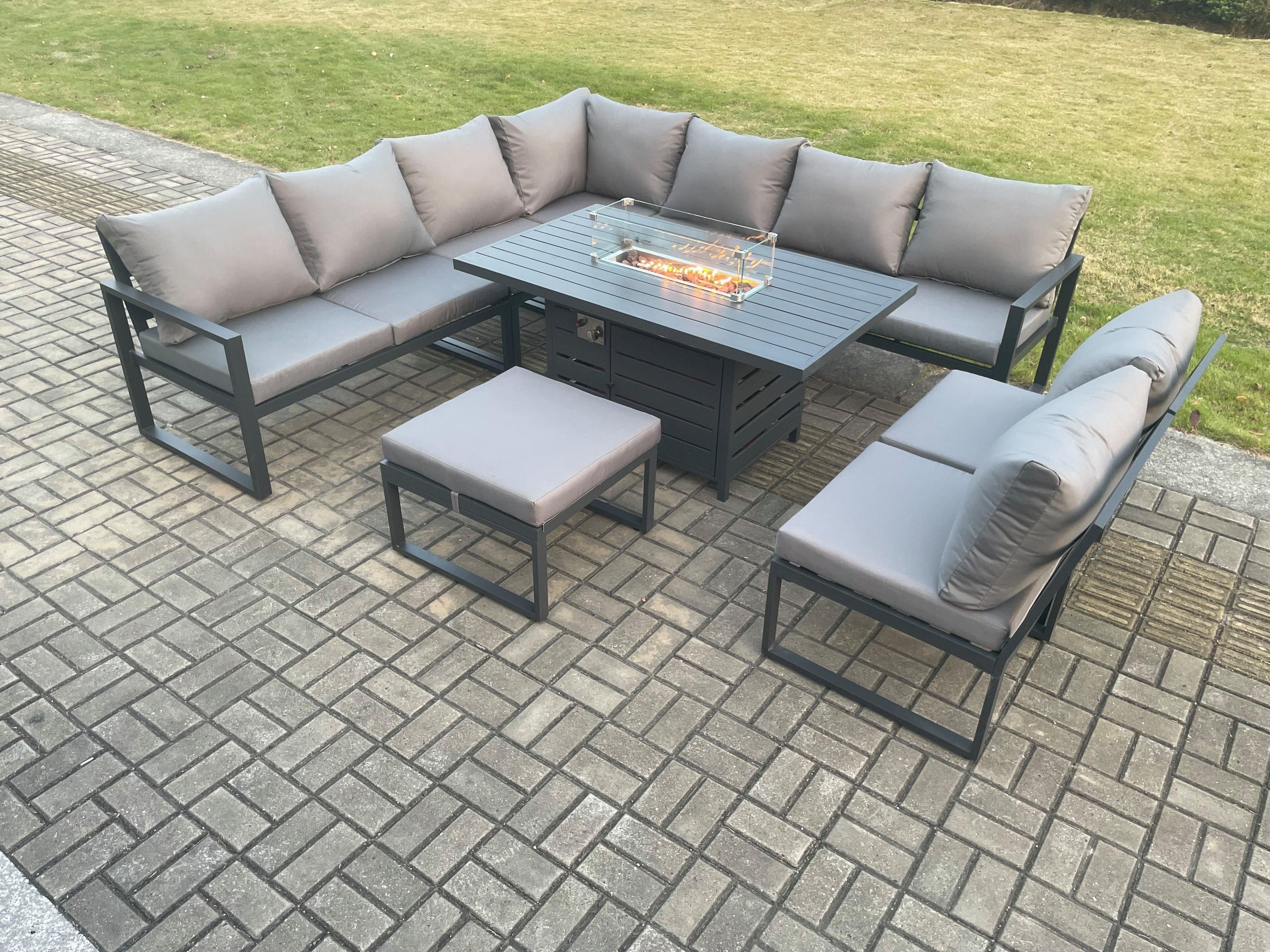 Aluminium 10 Seater Lounge Corner Sofa Outdoor Garden Furniture Sets Gas Fire Pit Dining Table Set Big Footstool Dark Grey