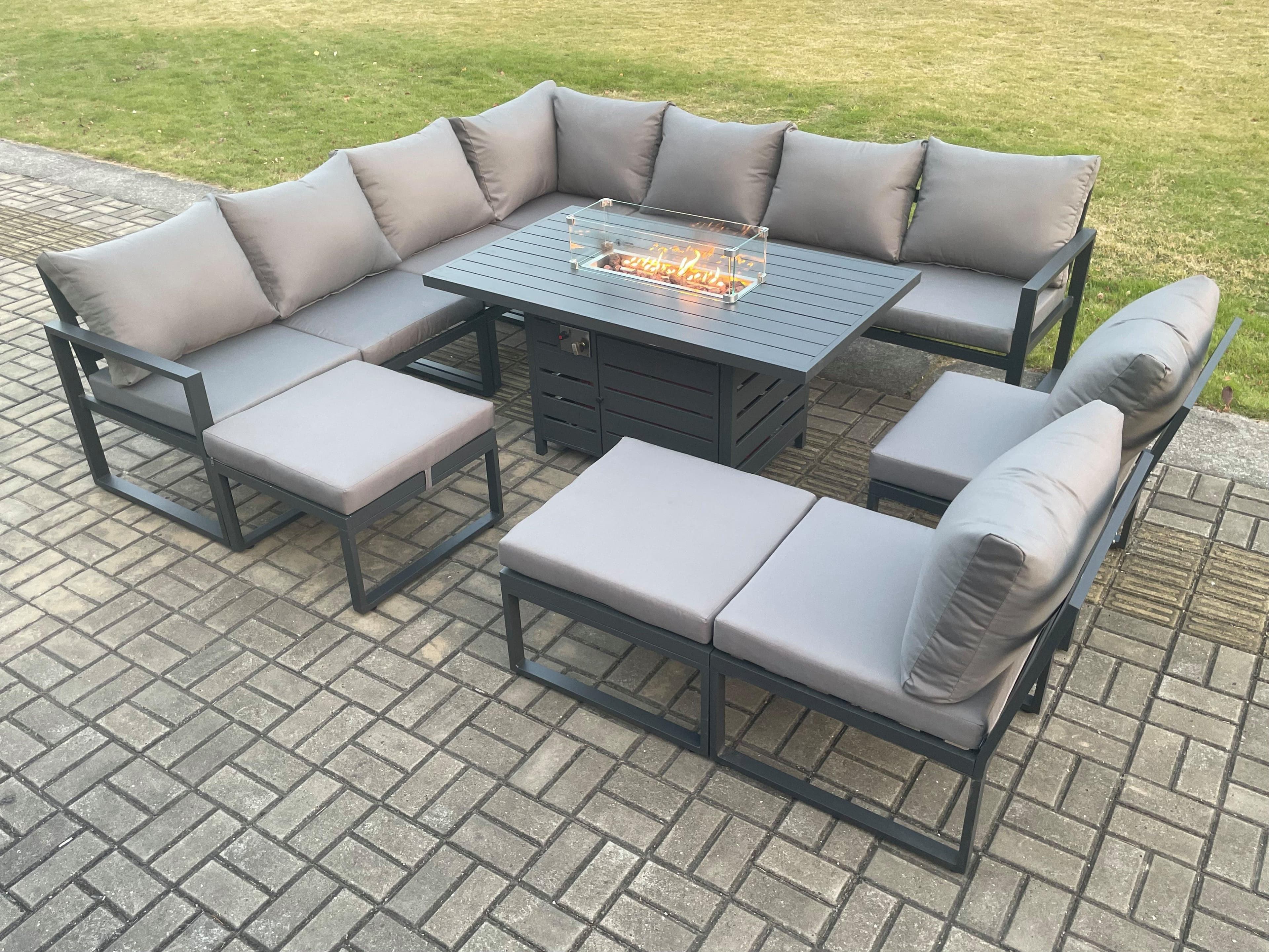 Aluminium 11 Seater Lounge Corner Sofa Outdoor Garden Furniture Sets Gas Fire Pit Dining Table Set 2 Big Footstools Dark Grey