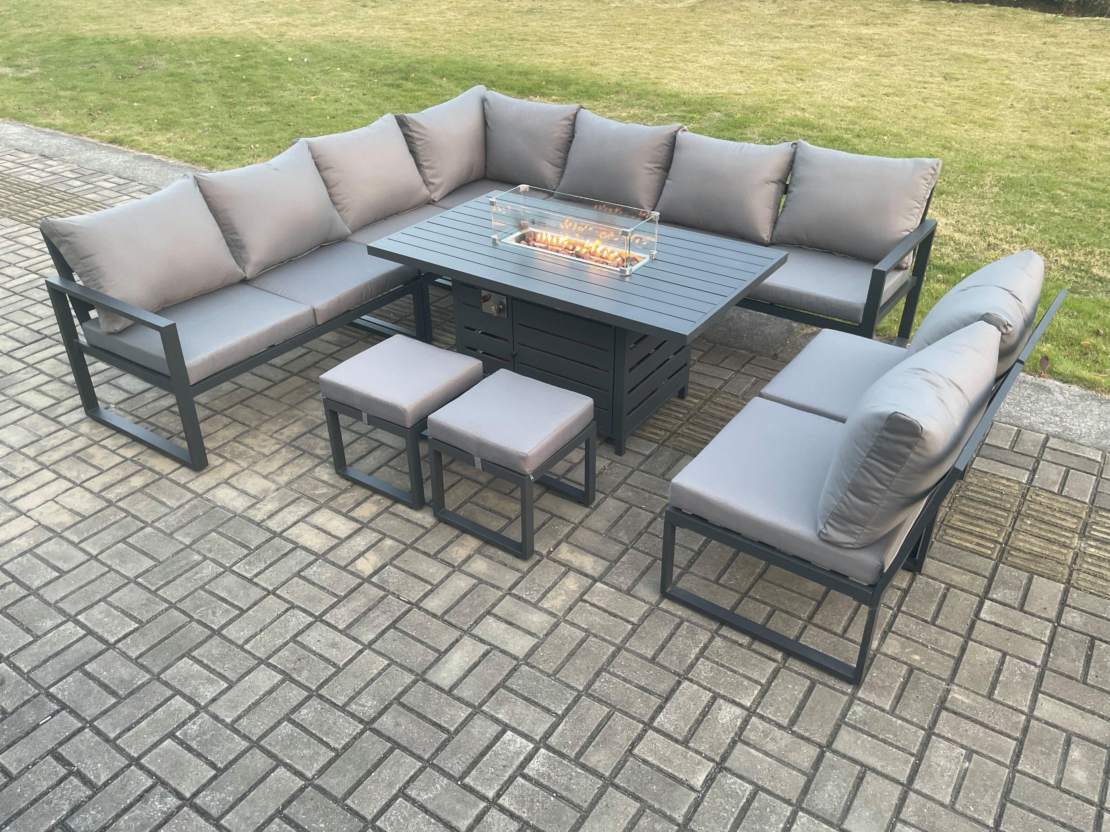 Aluminium 11 Seater Lounge Corner Sofa Outdoor Garden Furniture Sets Gas Fire Pit Dining Table Set Footstools