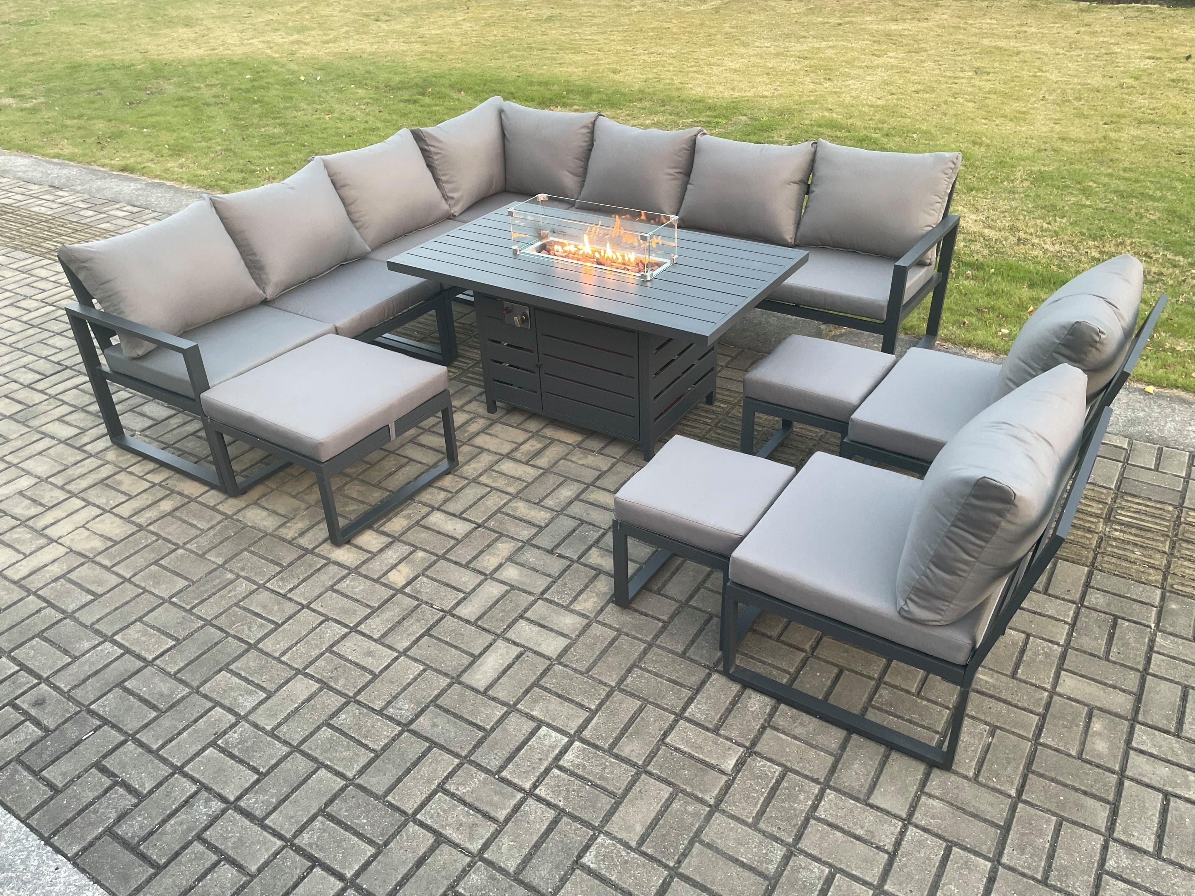 Aluminium 12 Seater Lounge Corner Sofa Outdoor Garden Furniture Sets Gas Fire Pit Dining Table Set 3 Footstools Dark Grey