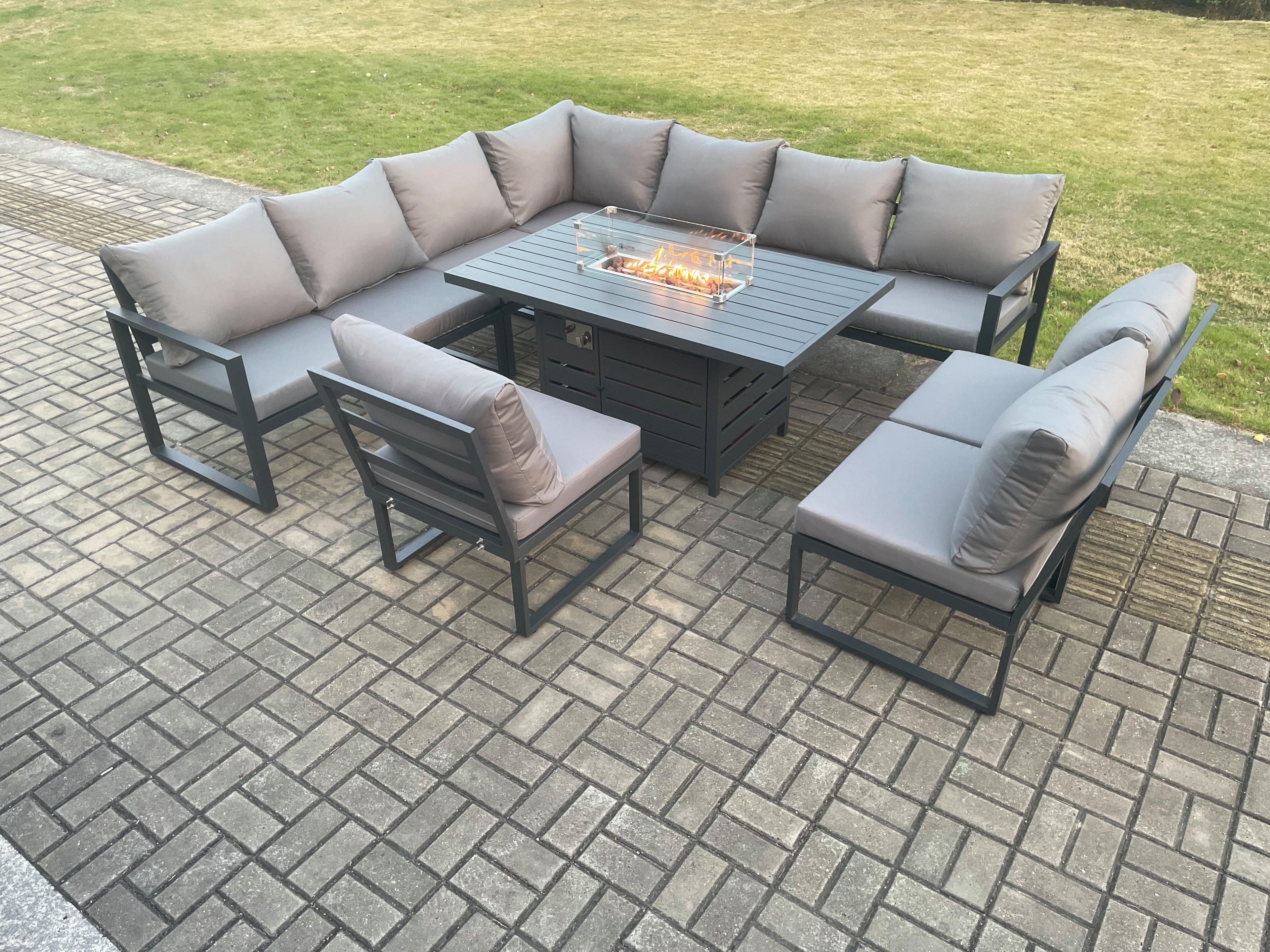 Aluminium 10 Seater Lounge Corner Sofa Outdoor Garden Furniture Sets Gas Fire Pit Dining Table Set Dark Grey