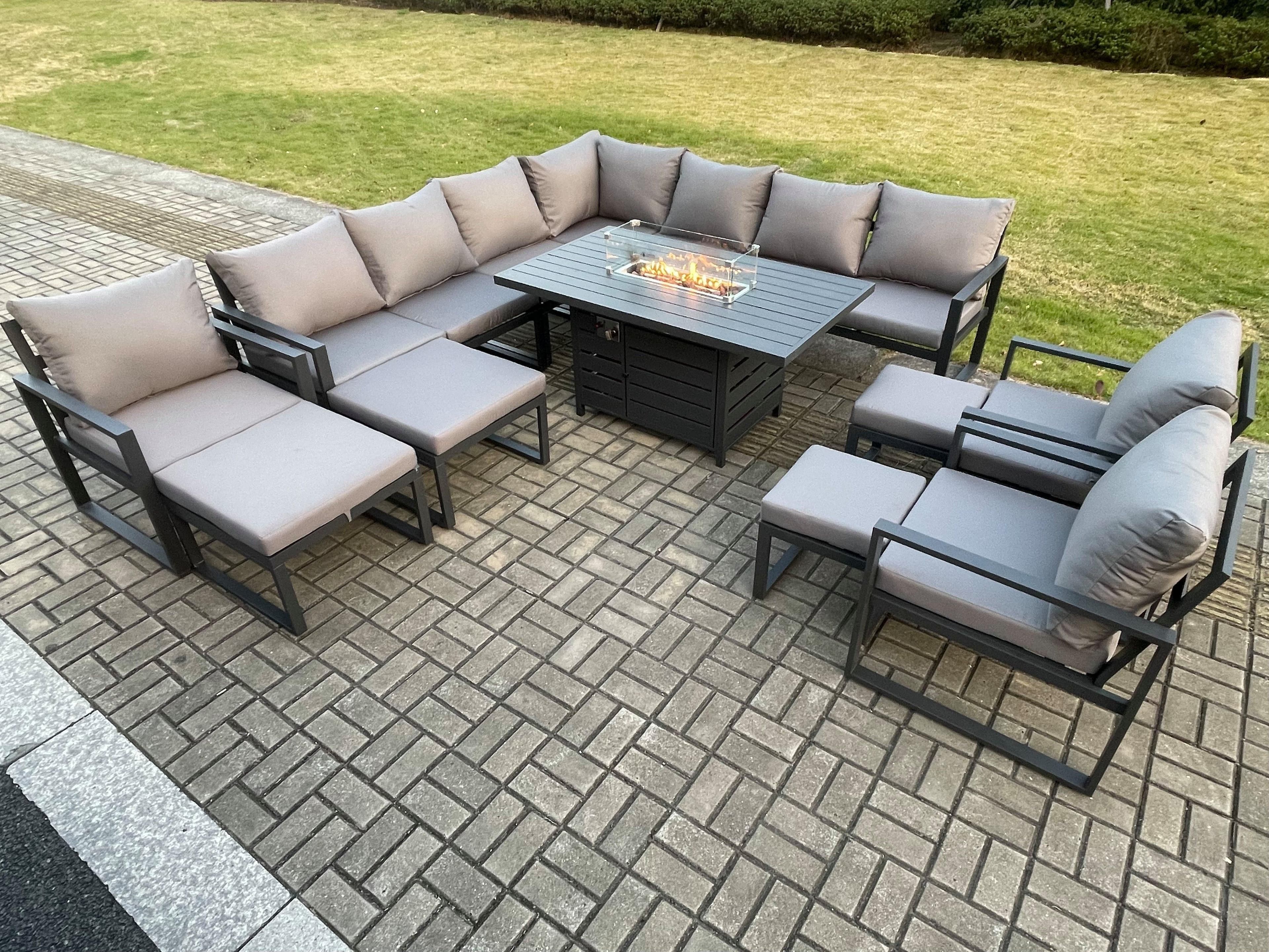 Aluminium 14 Seater Lounge Corner Sofa Outdoor Garden Furniture Sets Gas Fire Pit Dining Table Set Dark 3 Chairs 2 Big Footstools