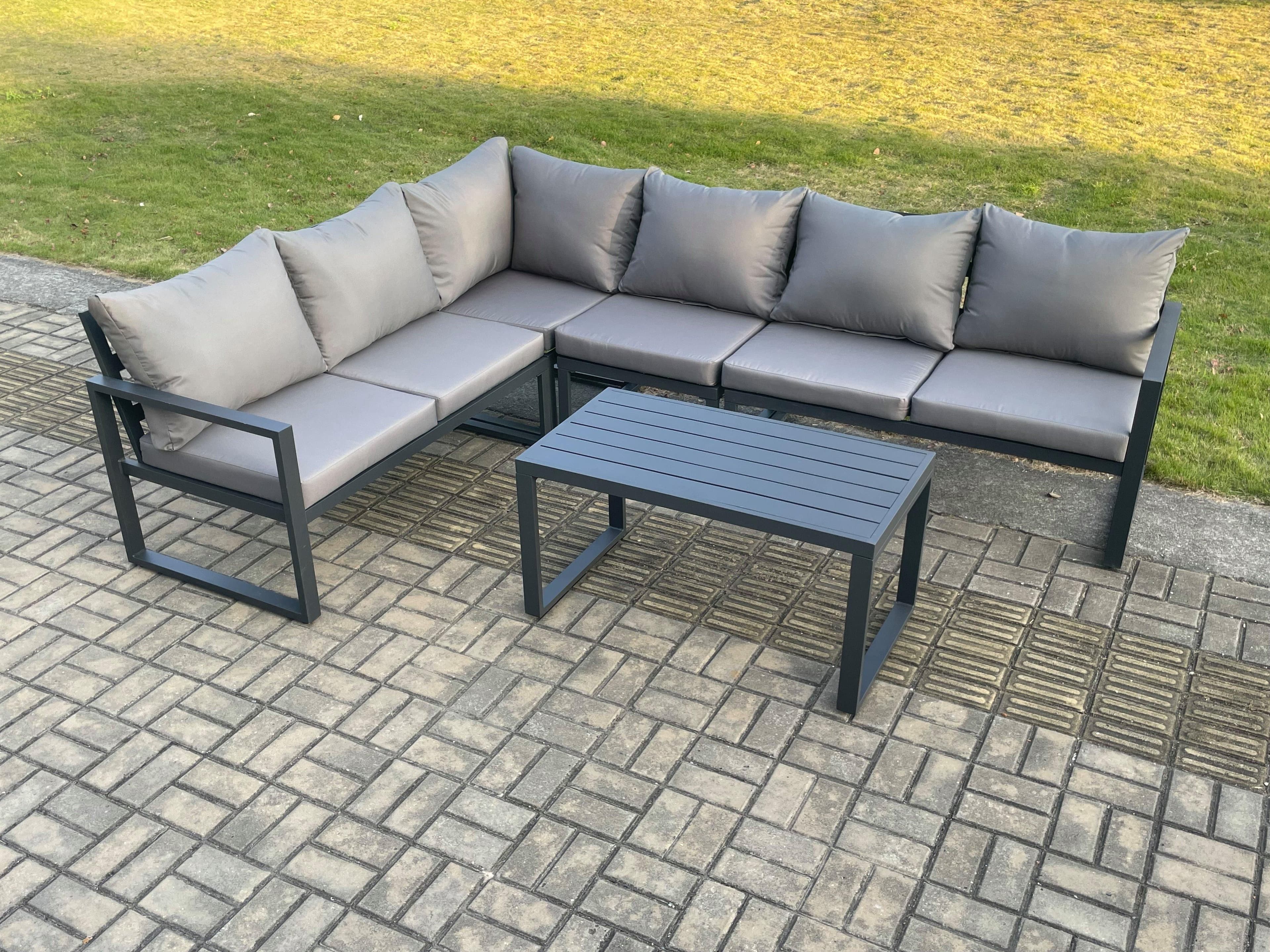 Aluminium Garden Furniture Set Outdoor Indoor Lounge Corner Sofa Oblong Coffee Table Sets Dark Grey 6 Seater
