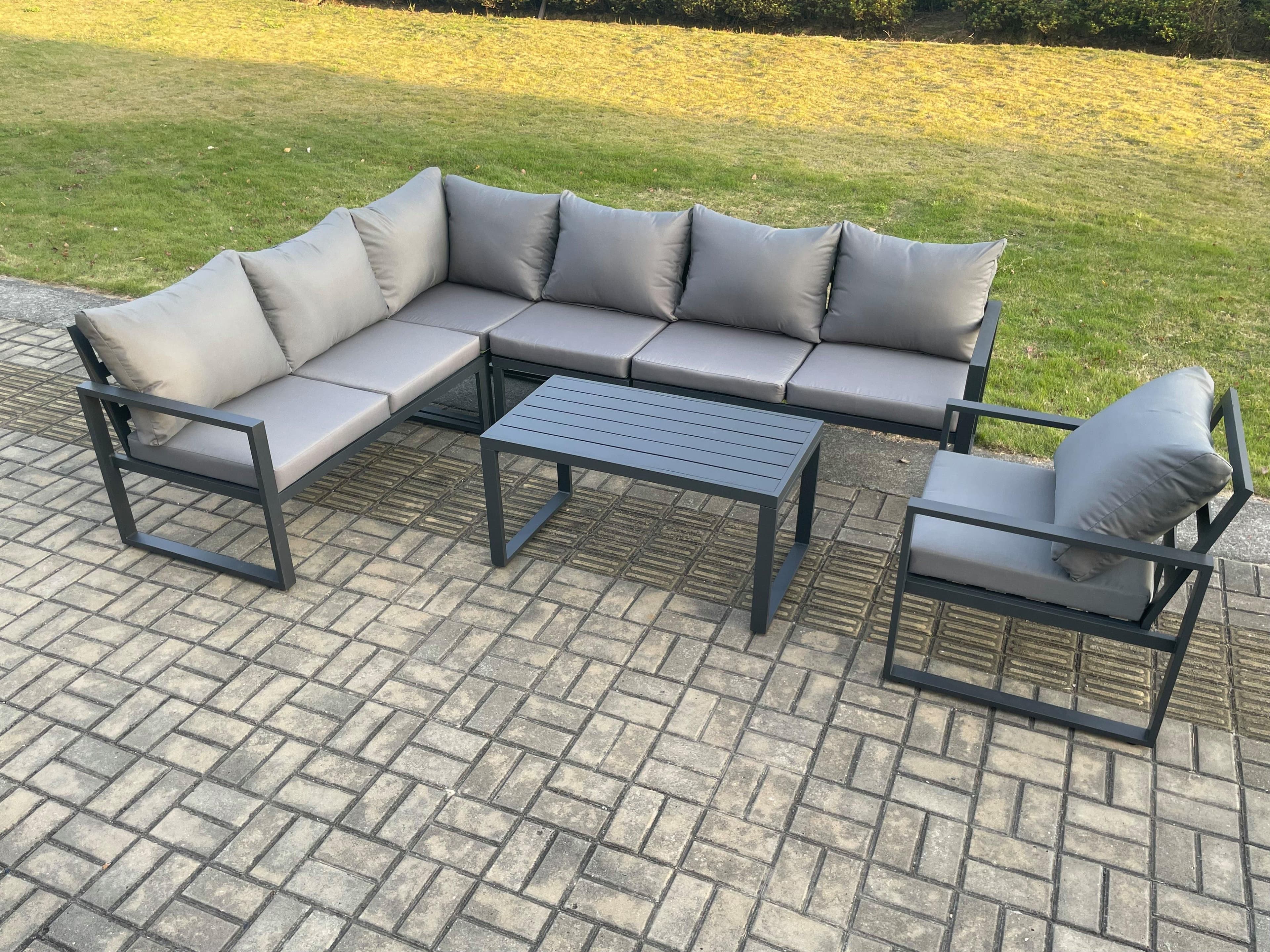 Aluminium Garden Furniture Set Outdoor Indoor Lounge Corner Sofa Chair Oblong Coffee Table Sets Dark Grey 7 Seater