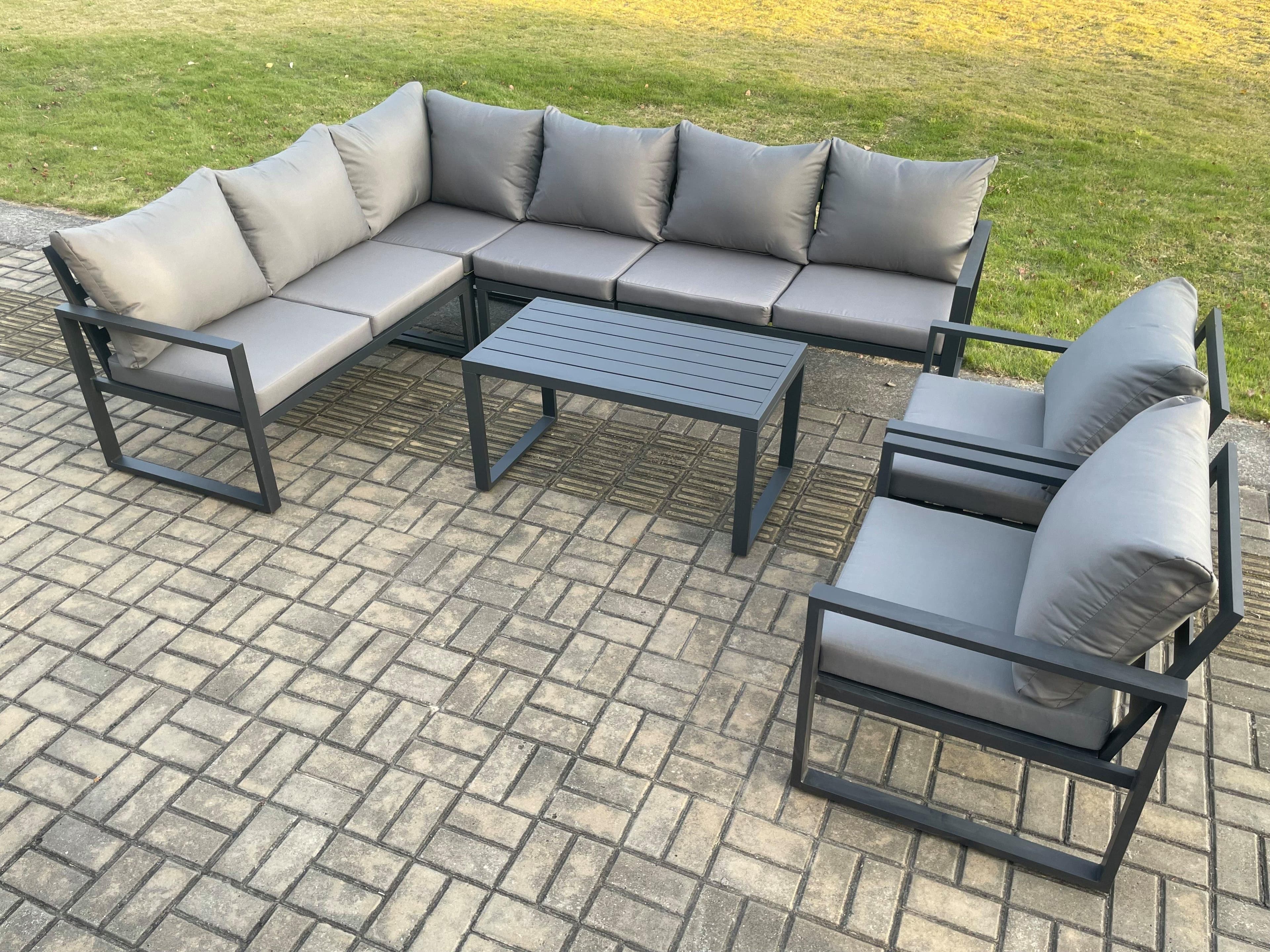 Aluminium Garden Furniture Set Outdoor Indoor Lounge Corner Sofa 2 Pcs Chair Oblong Coffee Table Sets Dark Grey 8 Seater