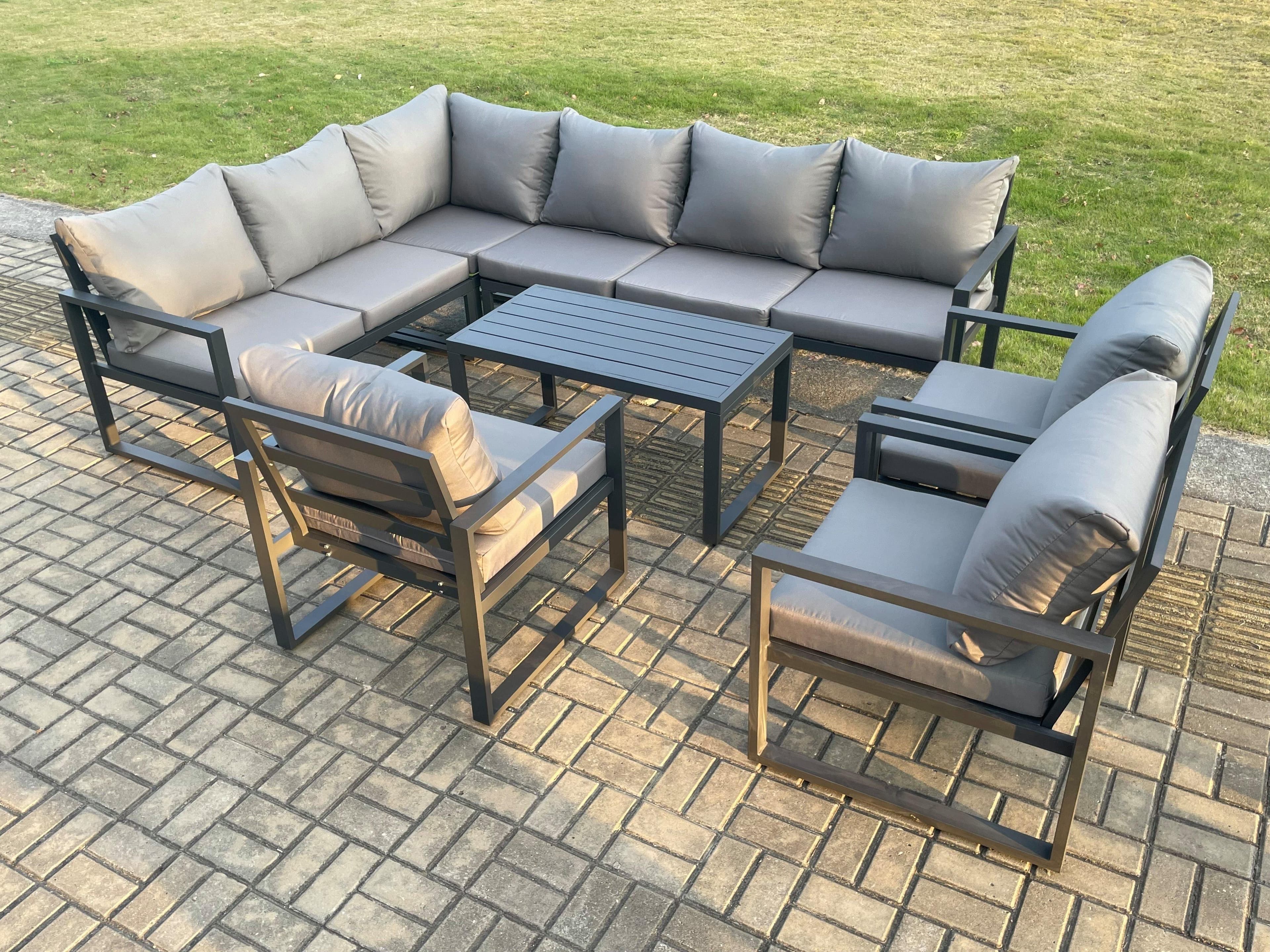 Aluminium Garden Furniture Set Outdoor Indoor Lounge Corner Sofa 3 Pcs Chair Oblong Coffee Table Sets Dark Grey 9 Seater