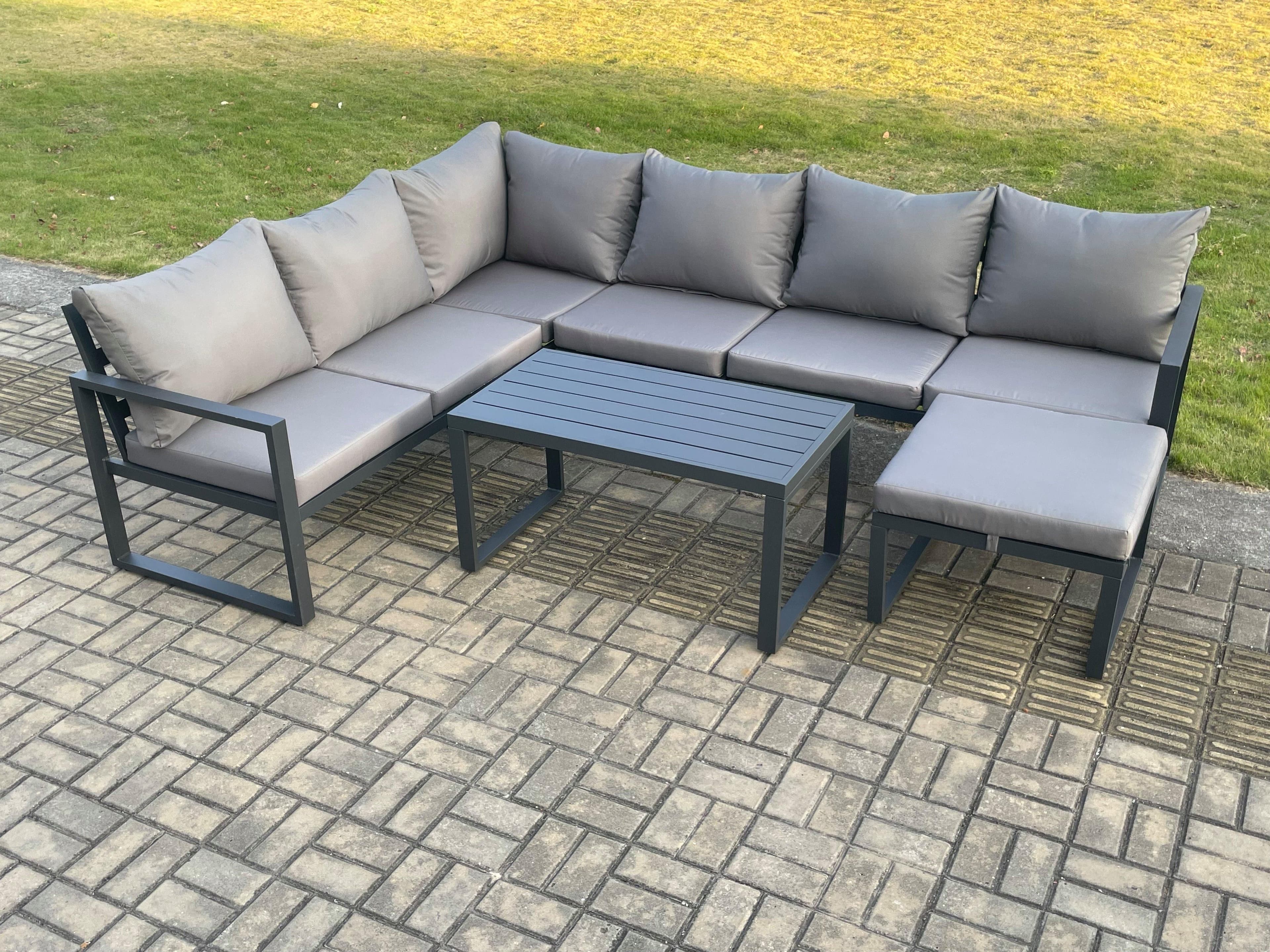 Aluminium Garden Furniture Set Outdoor Indoor Lounge Corner Sofa Oblong Coffee Table Sets Big Footstool Dark Grey