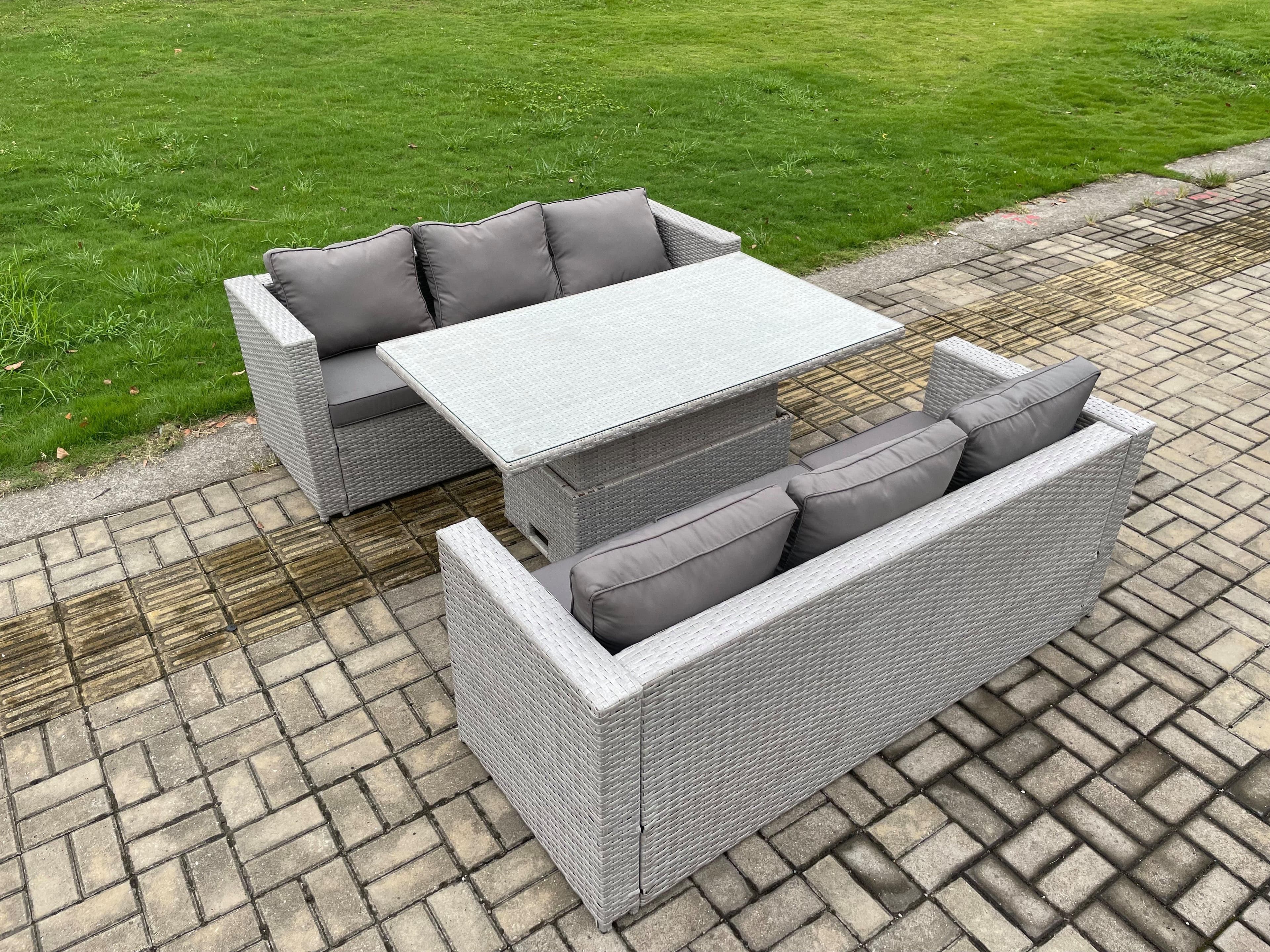 Rattan Outdoor Garden Funiture Set Height Adjustable Rising Lifting Table Sofa Dining Set Light Grey