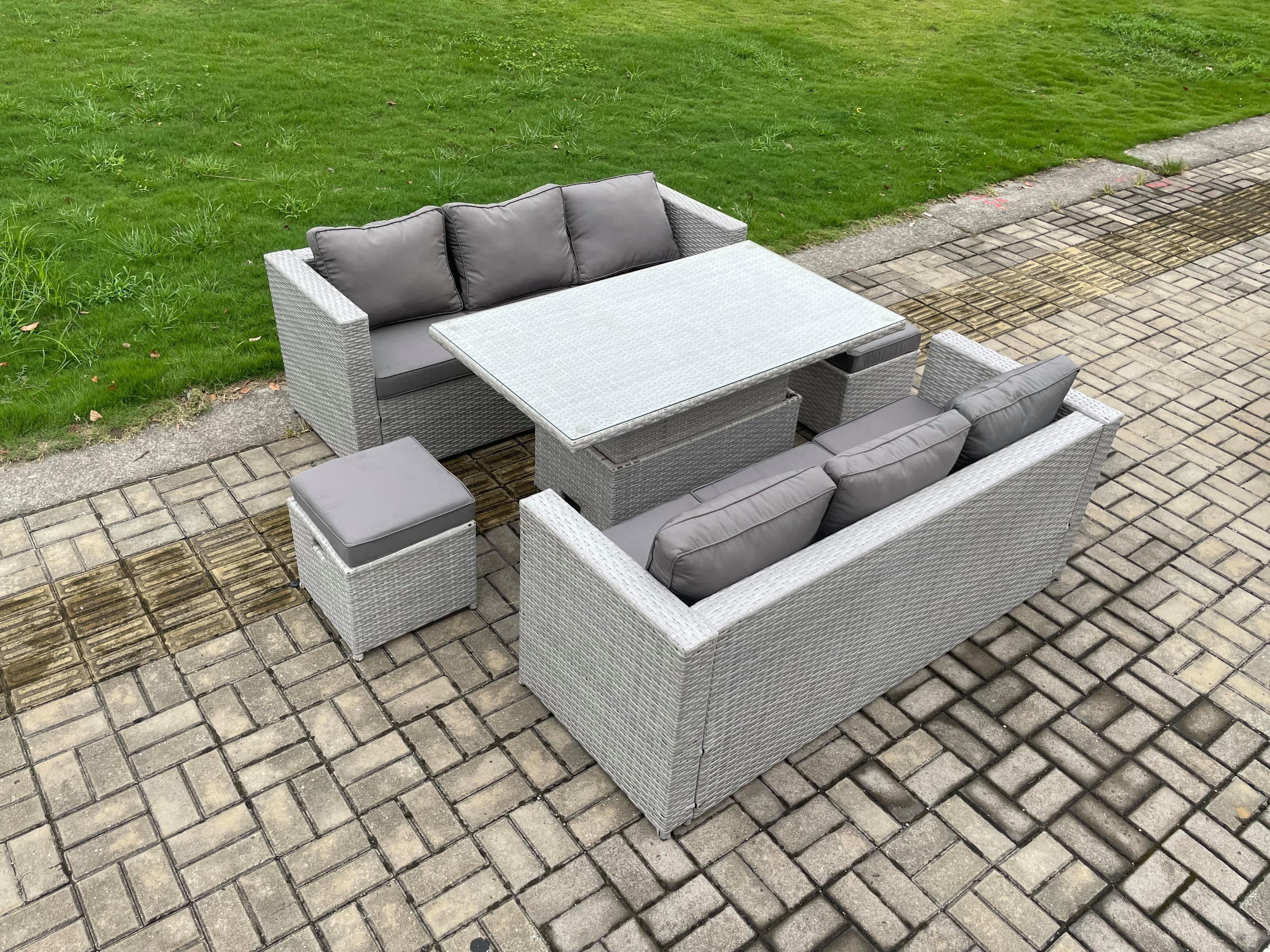 Rattan Garden Funiture Set Height Adjustable Rising Lifting Table Sofa Dining Set 2 Small Footstools