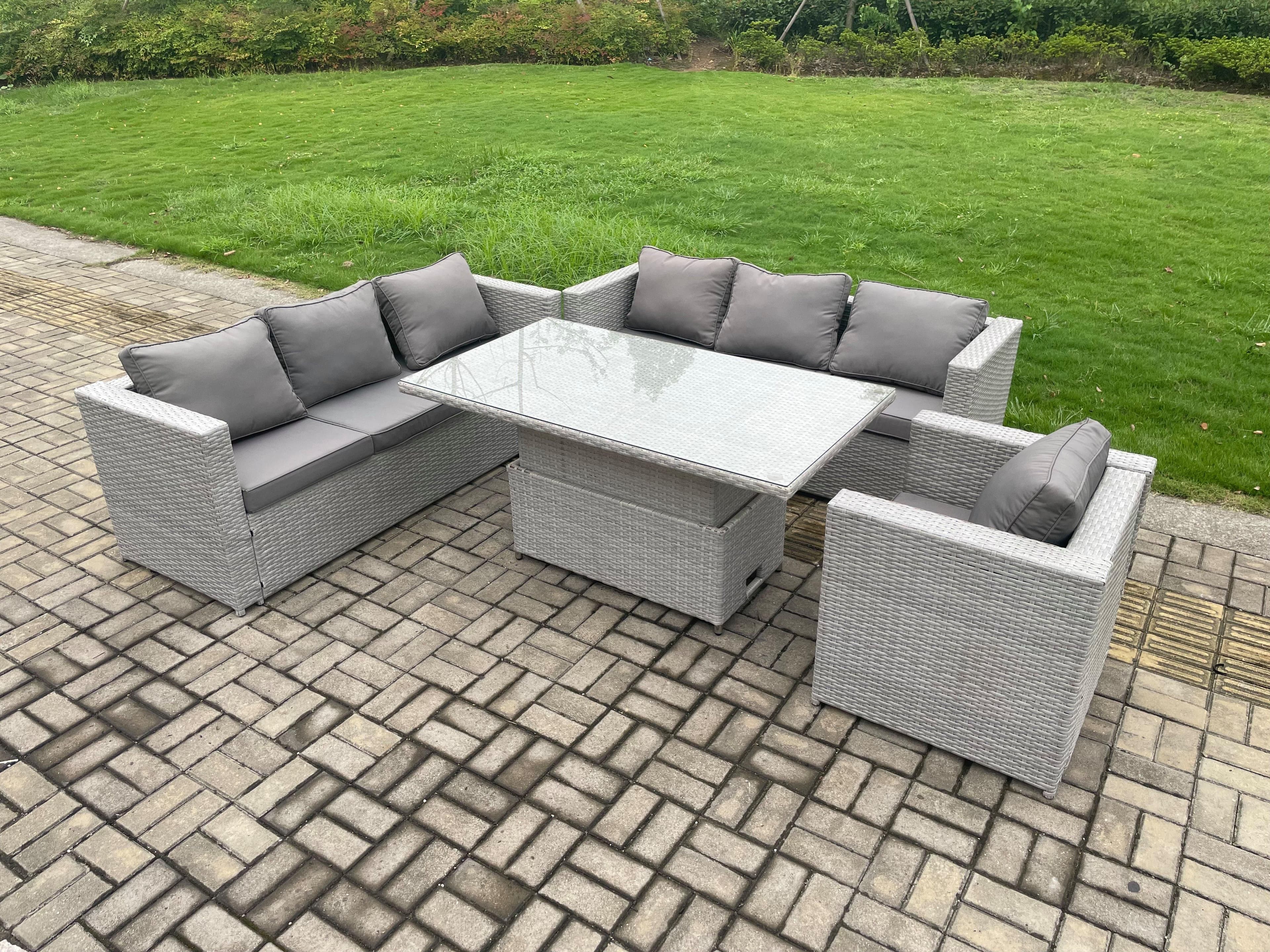 Outdoor PE Rattan Garden Funiture Set Height Adjustable Rising Lifting Table Sofa Dining Set Armchair