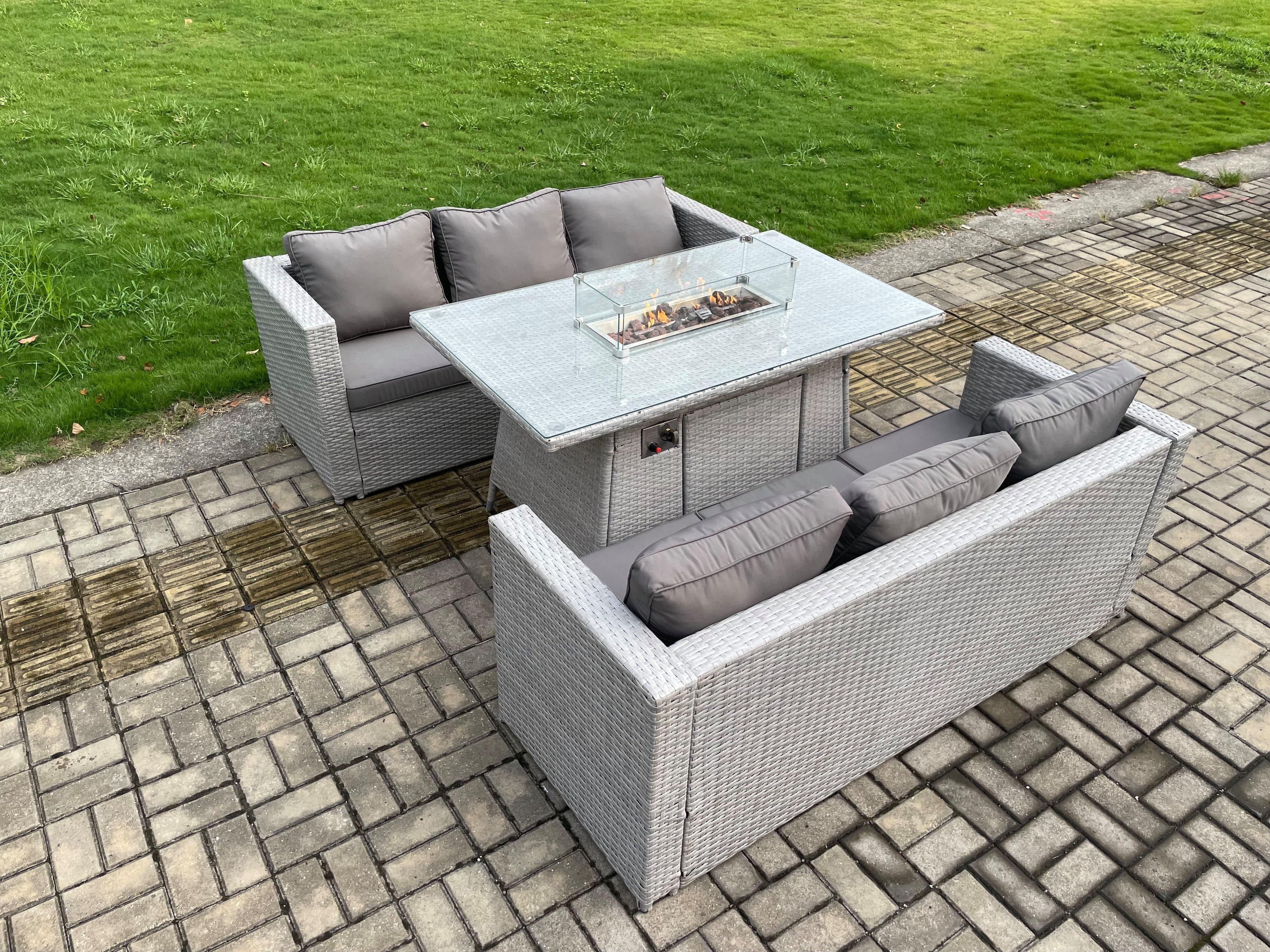 Outdoor Garden Dining Sets Rattan Furniture Gas Fire Pit Dining Table Gas Heater Light Grey