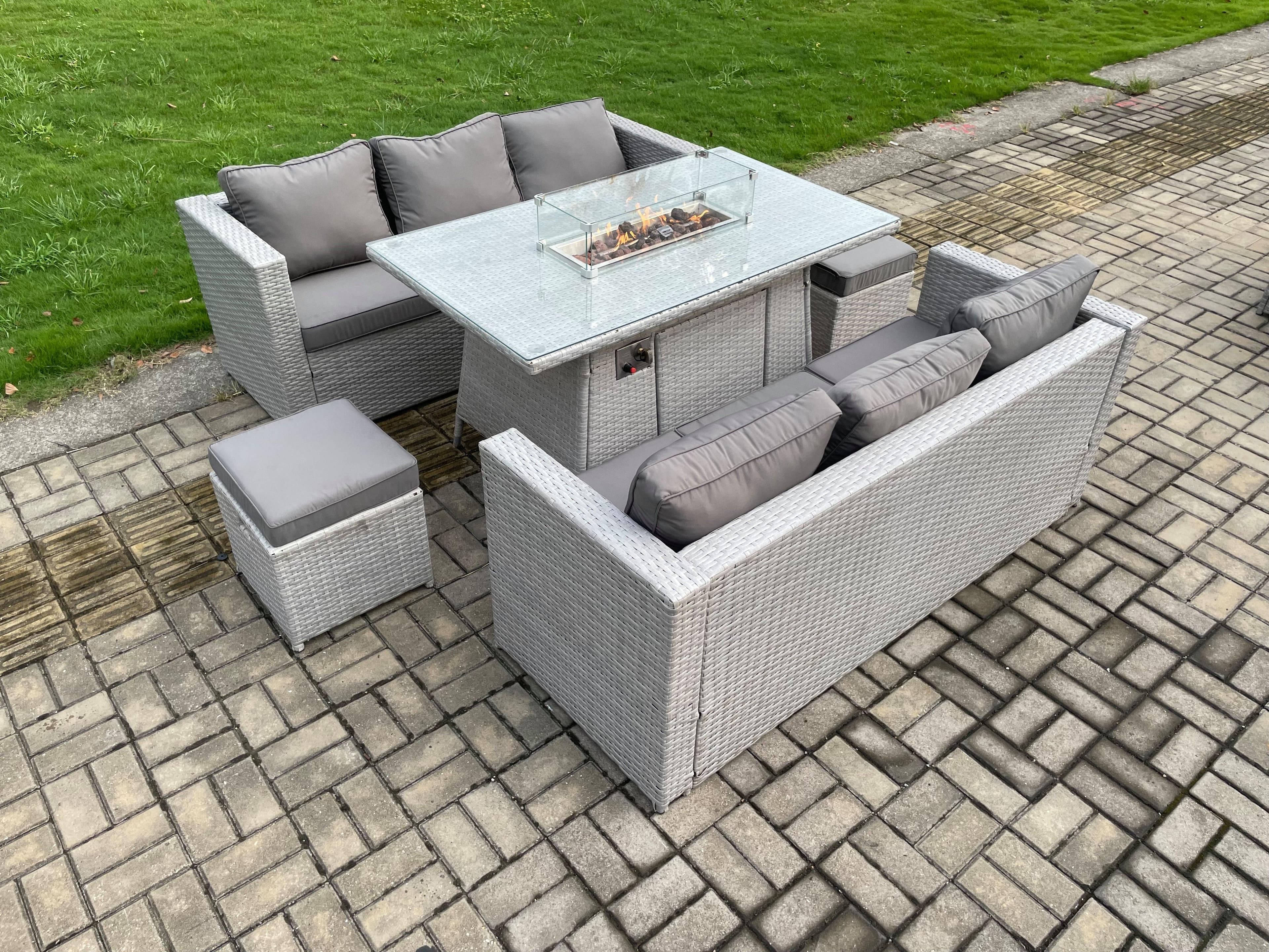 Garden Dining Sets Outdoor PE Rattan Furniture Gas Fire Pit Dining Table Gas Heater 2 Small Footstool