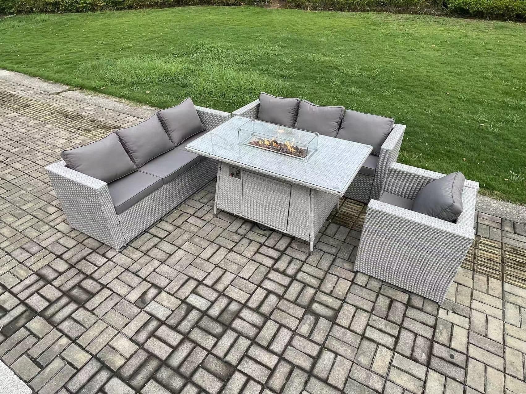 7 Seater Outdoor Garden Dining Sets Rattan Furniture Gas Fire Pit Dining Table Gas Heater Armchair Light Grey