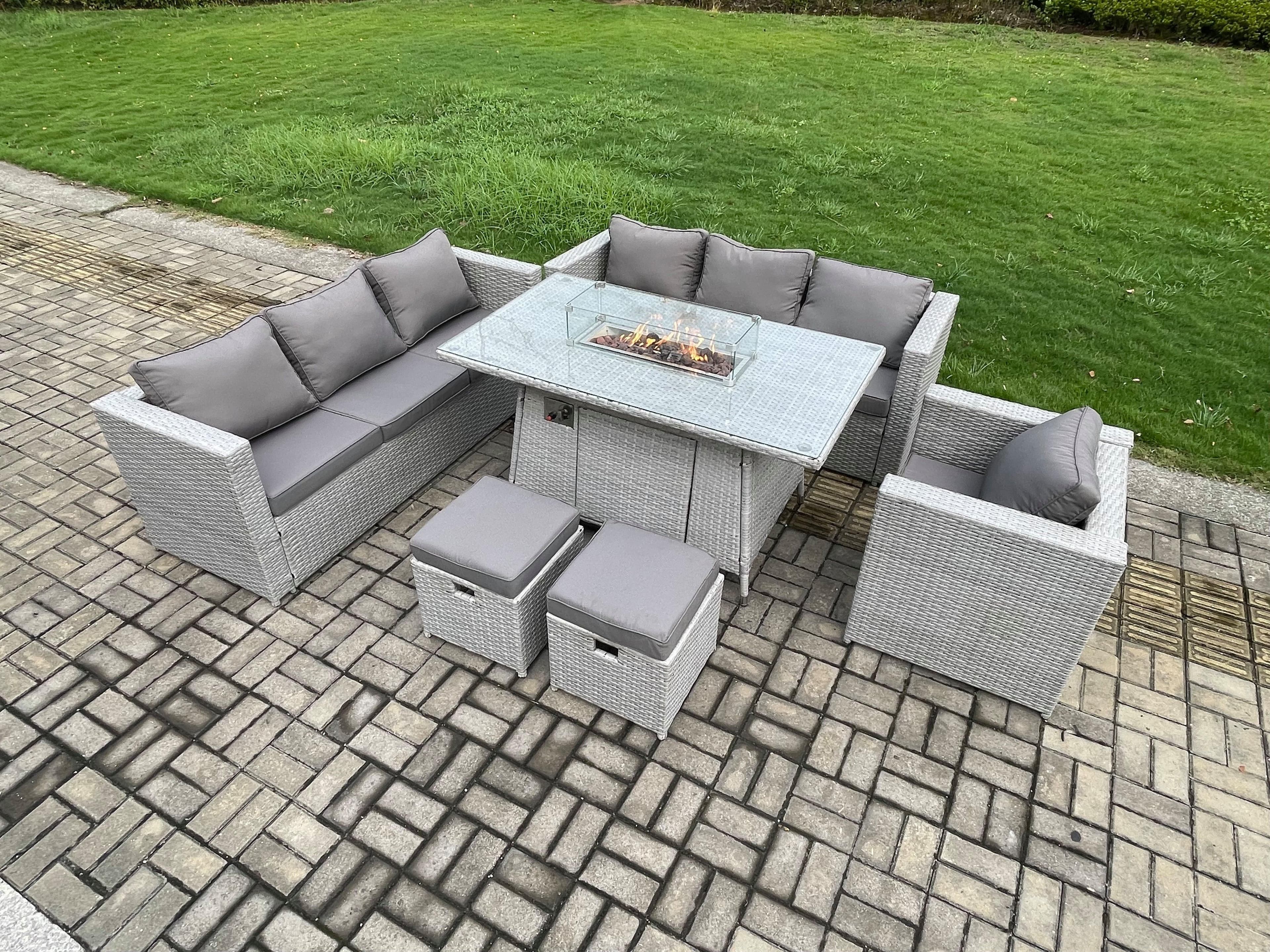 9 Seater Outdoor Garden Dining Sets Rattan Furniture Gas Fire Pit Dining Table Gas Heater Chair 2 Footstools