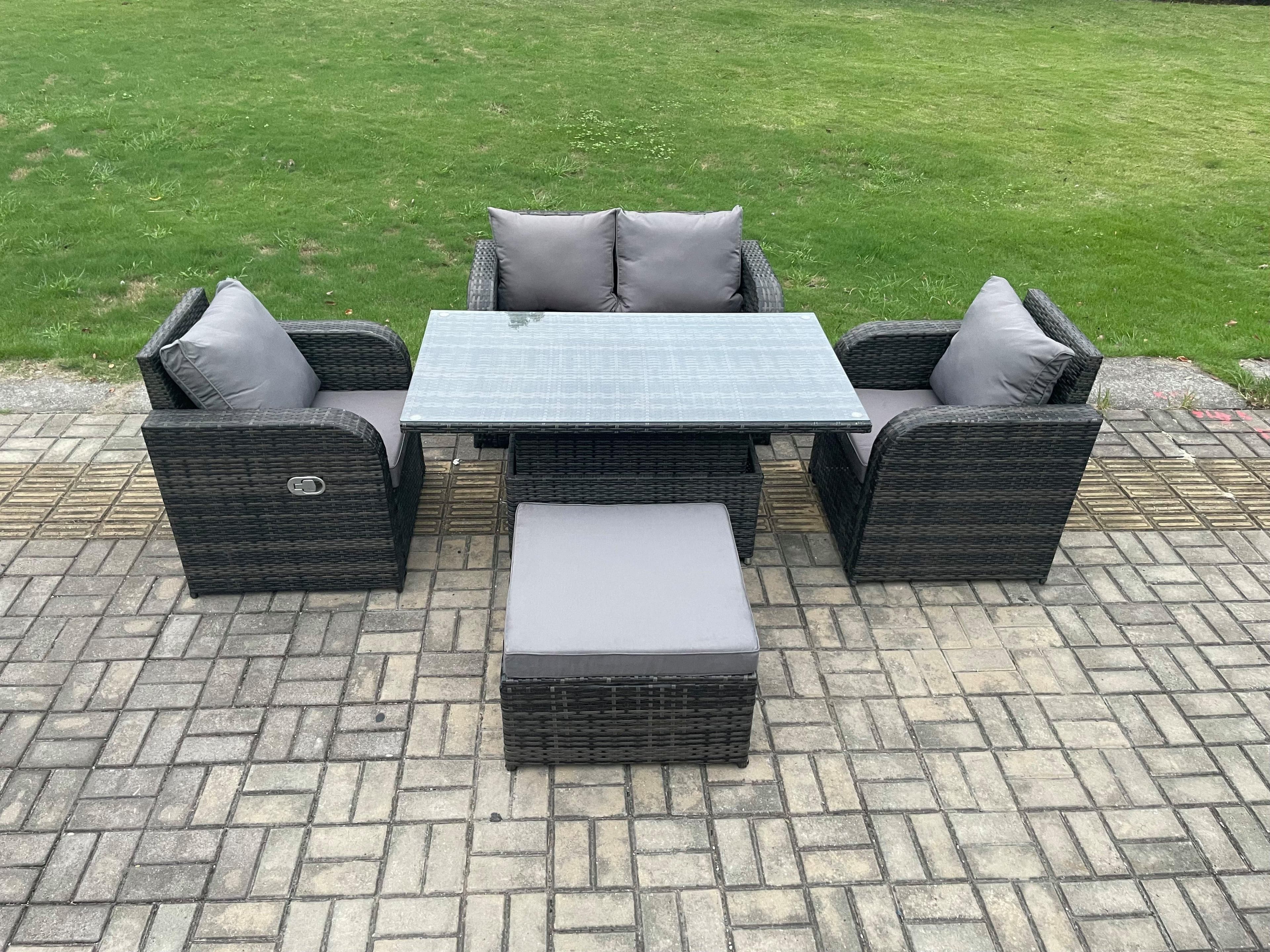 PE Rattan Outdoor Garden Furniture Set Height Adjustable Rising lifting Dining Table Love Sofa Chair