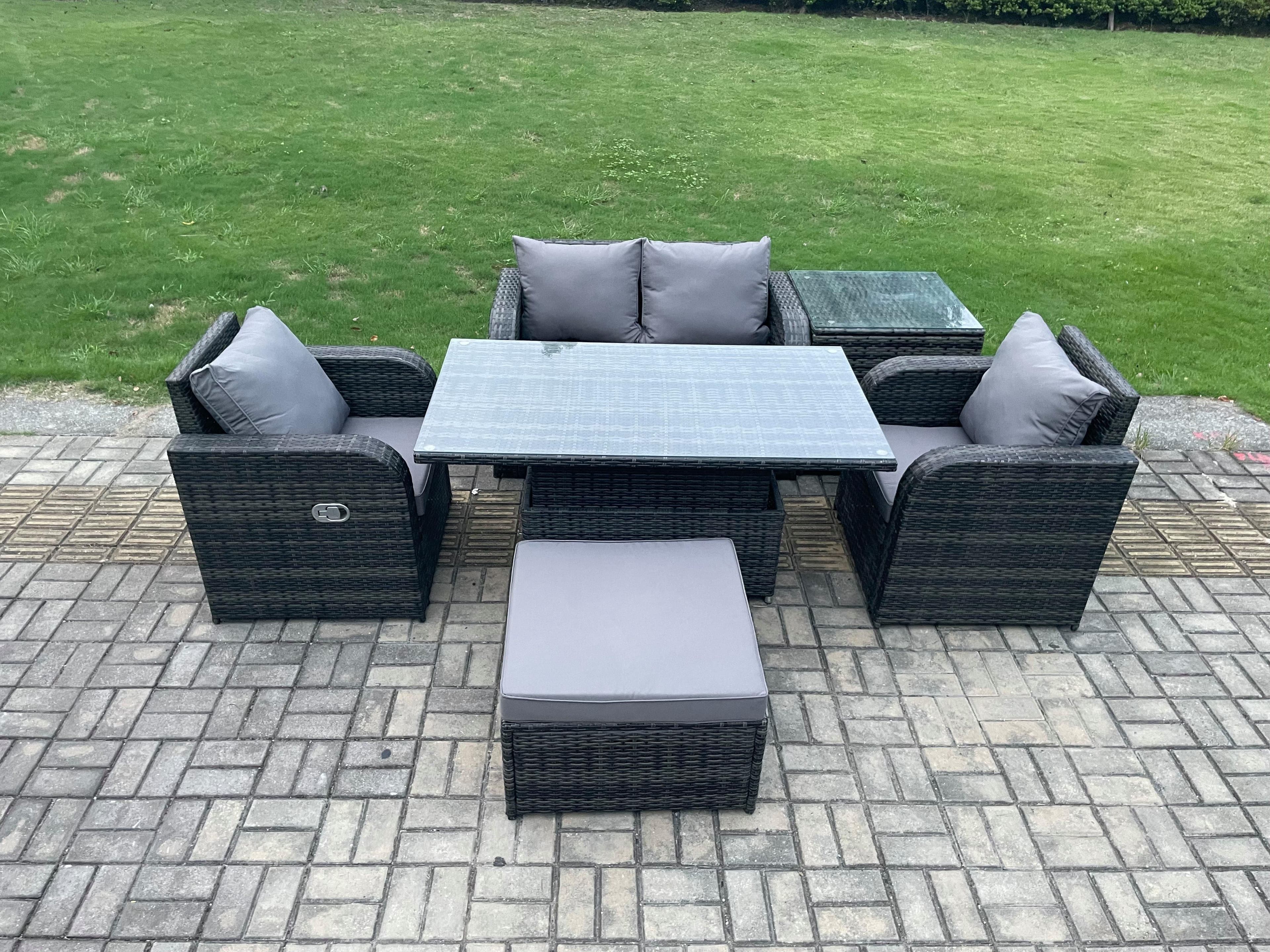 PE Rattan Outdoor Garden Furniture Set Height Adjustable Rising lifting Dining Table Love Sofa Side Table