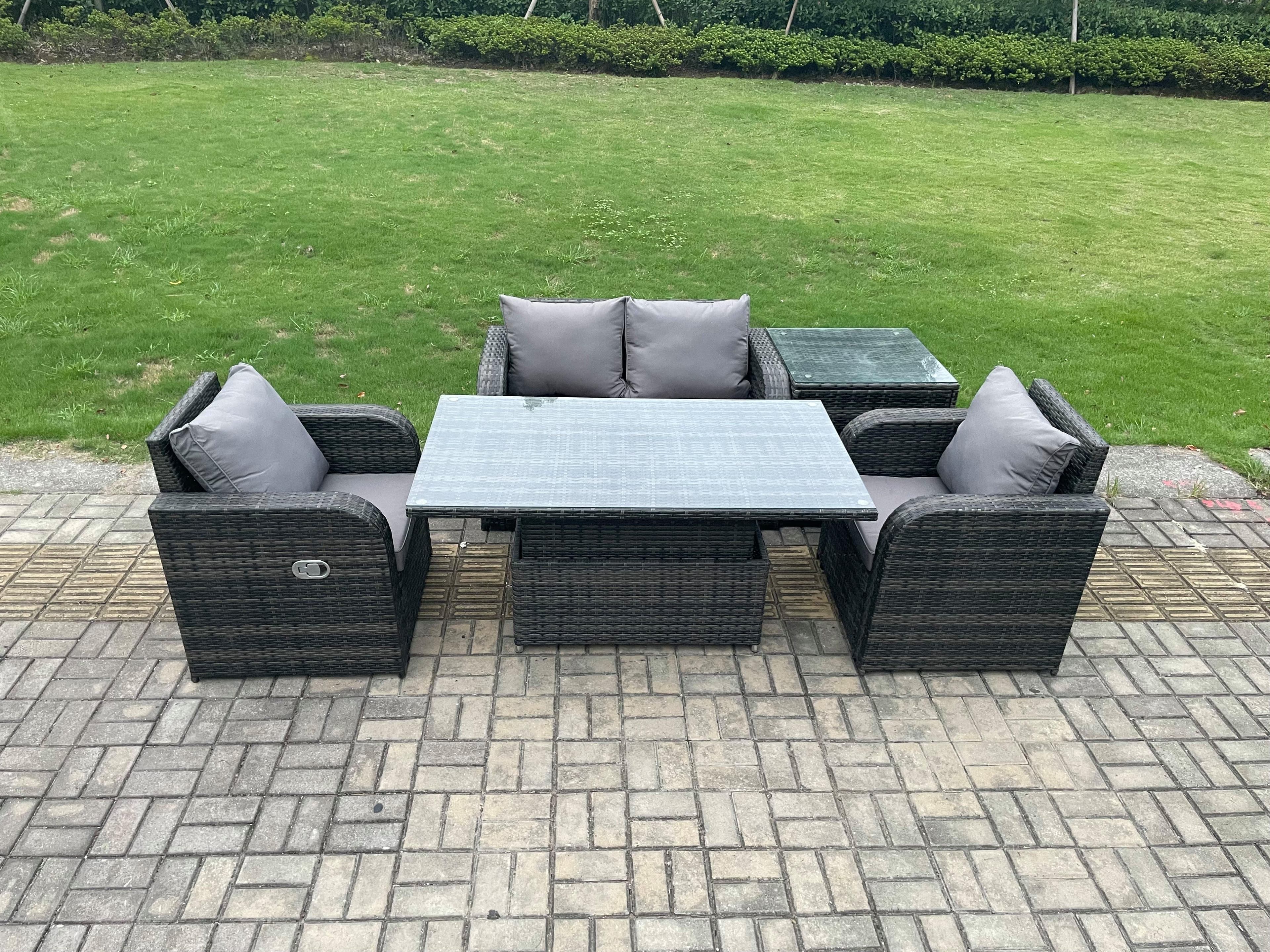 Outdoor Rattan Garden Furniture Set Height Adjustable Rising lifting Dining Table Love Sofa Side Table Chair