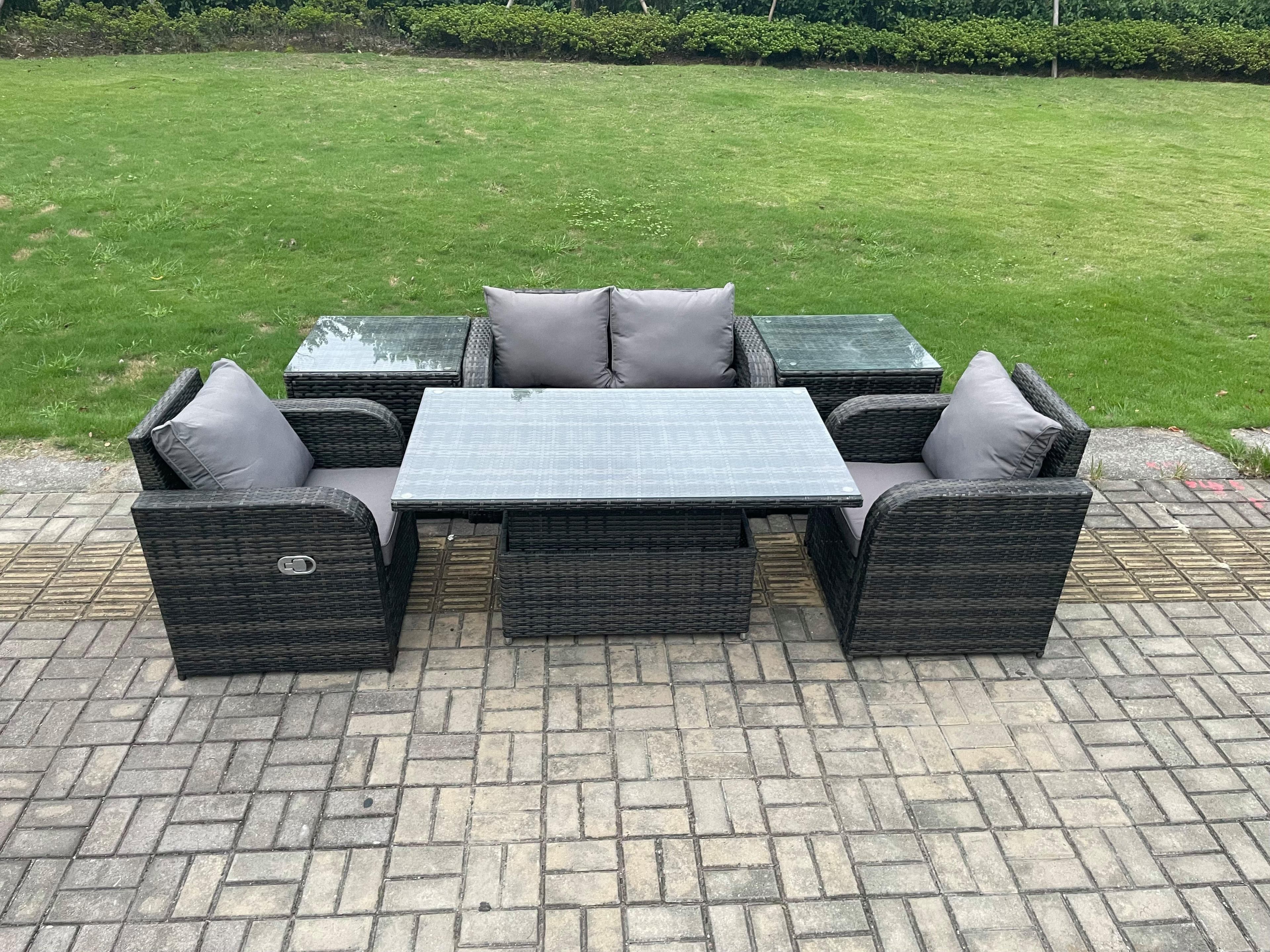 Outdoor Rattan Garden Furniture Set Height Adjustable Rising lifting Dining Table Love Sofa 2 Side Tables