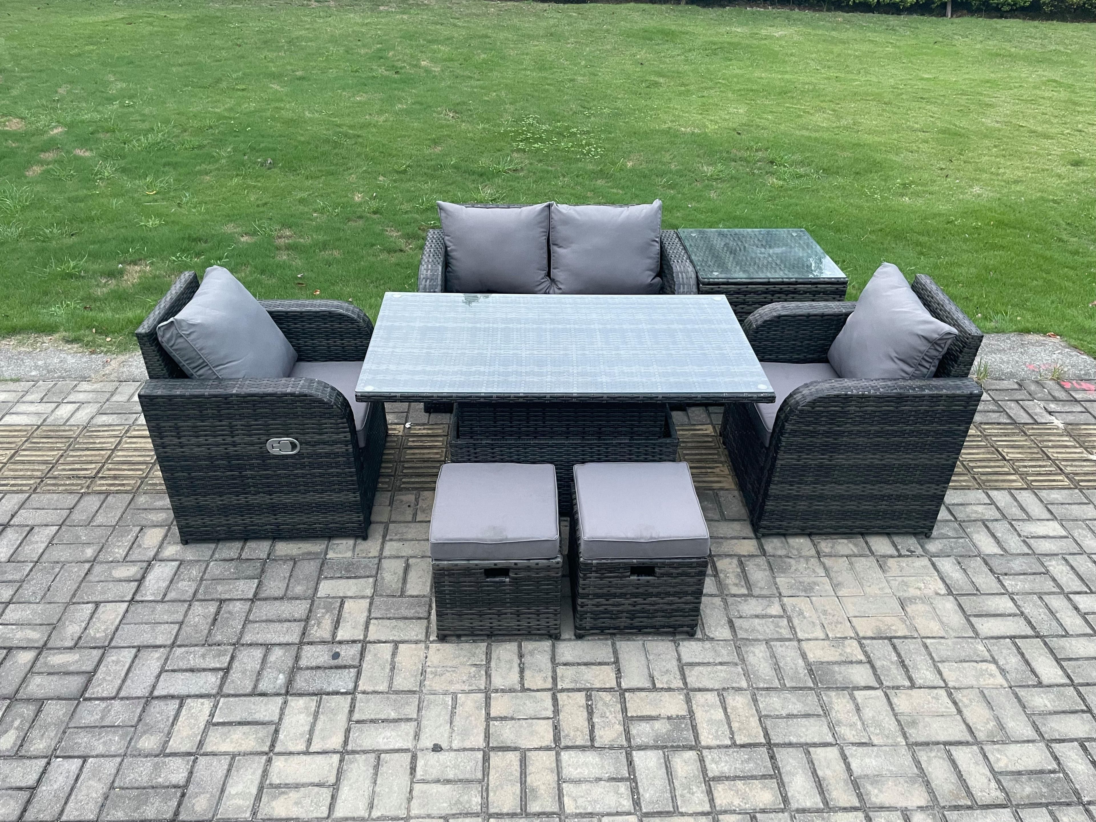 Outdoor Rattan Garden Furniture Set Height Adjustable Rising lifting Dining Table Love Sofa Chair Side Table