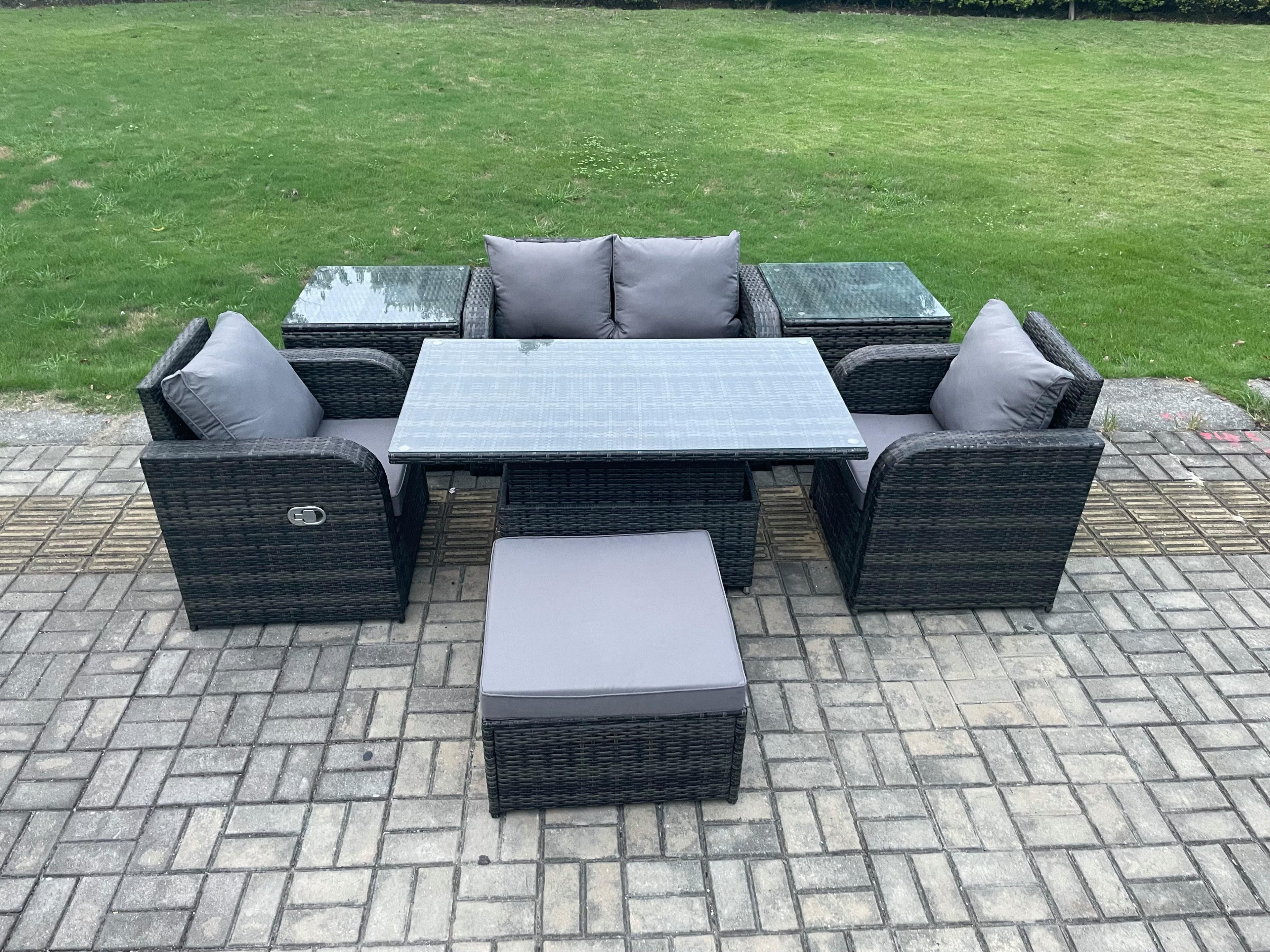 Outdoor Rattan Furniture Garden Dining Set Height Adjustable Rising lifting Table Love Sofa 2 Side Tables