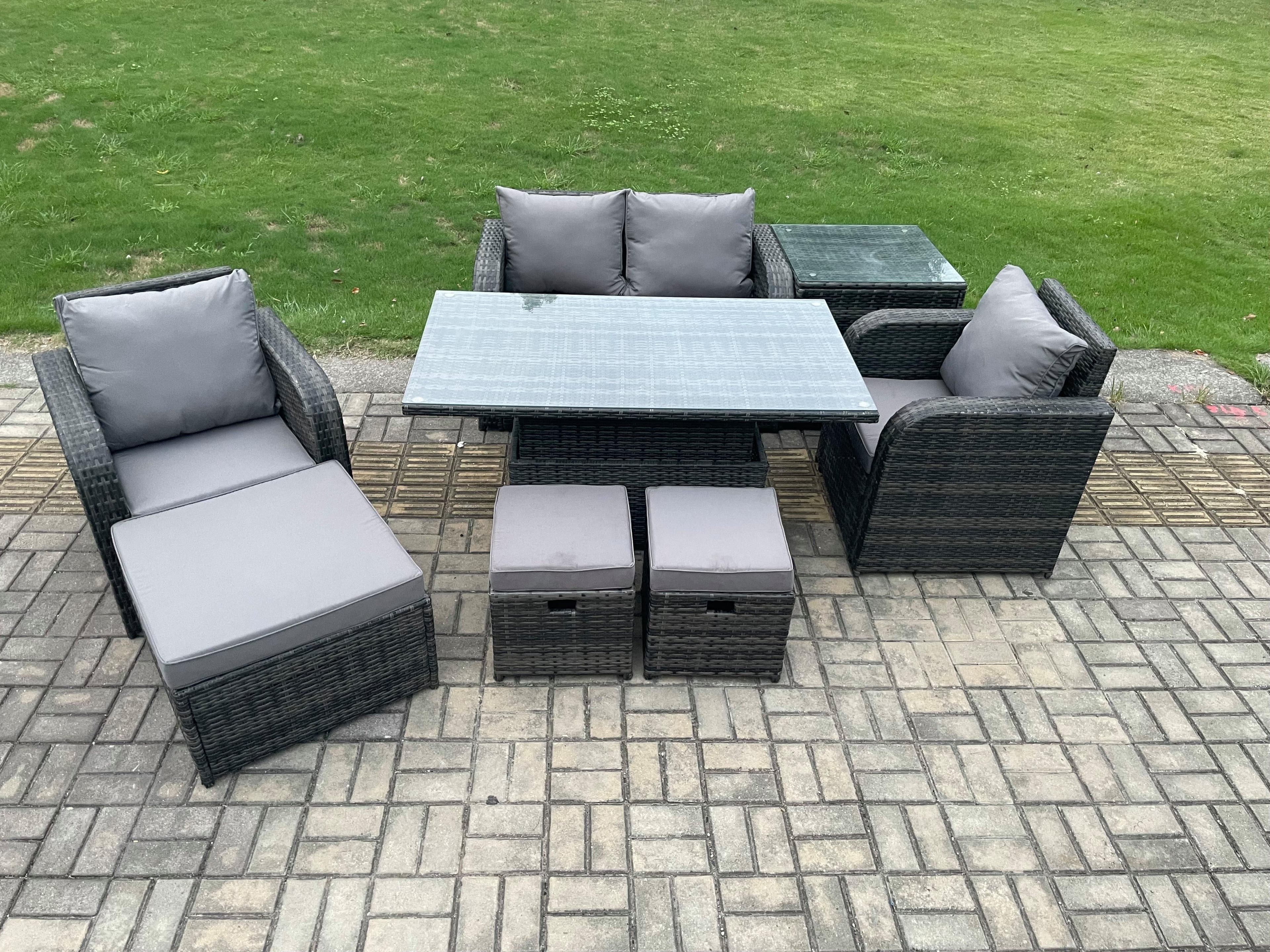 Rattan Furniture Garden Dining Set Outdoor Height Adjustable Rising lifting Table Love Sofa Chair 3 Stools