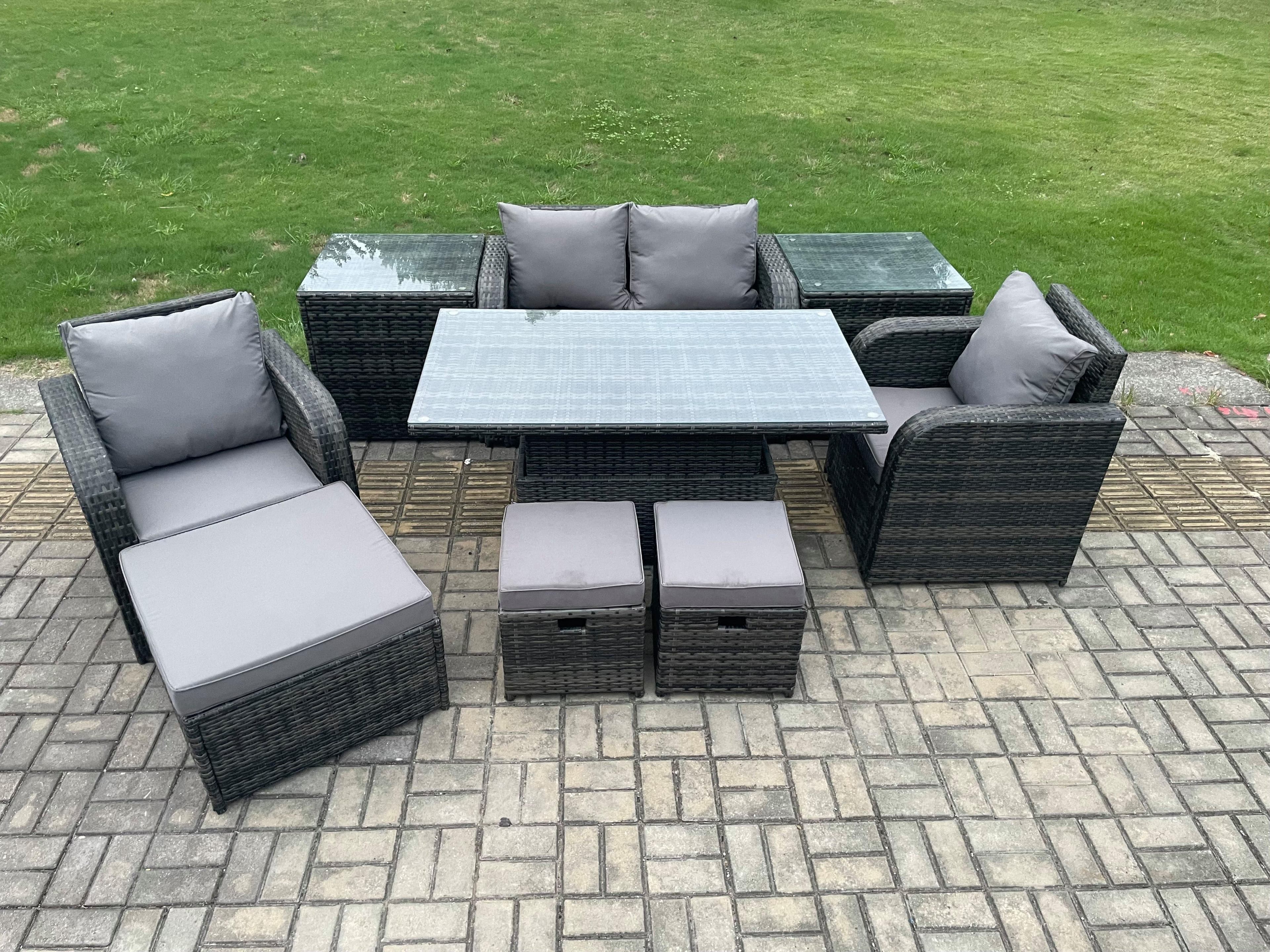 Rattan Furniture Outdoor Garden Dining Set Patio Height Adjustable Rising lifting Table Love Sofa Side Tables