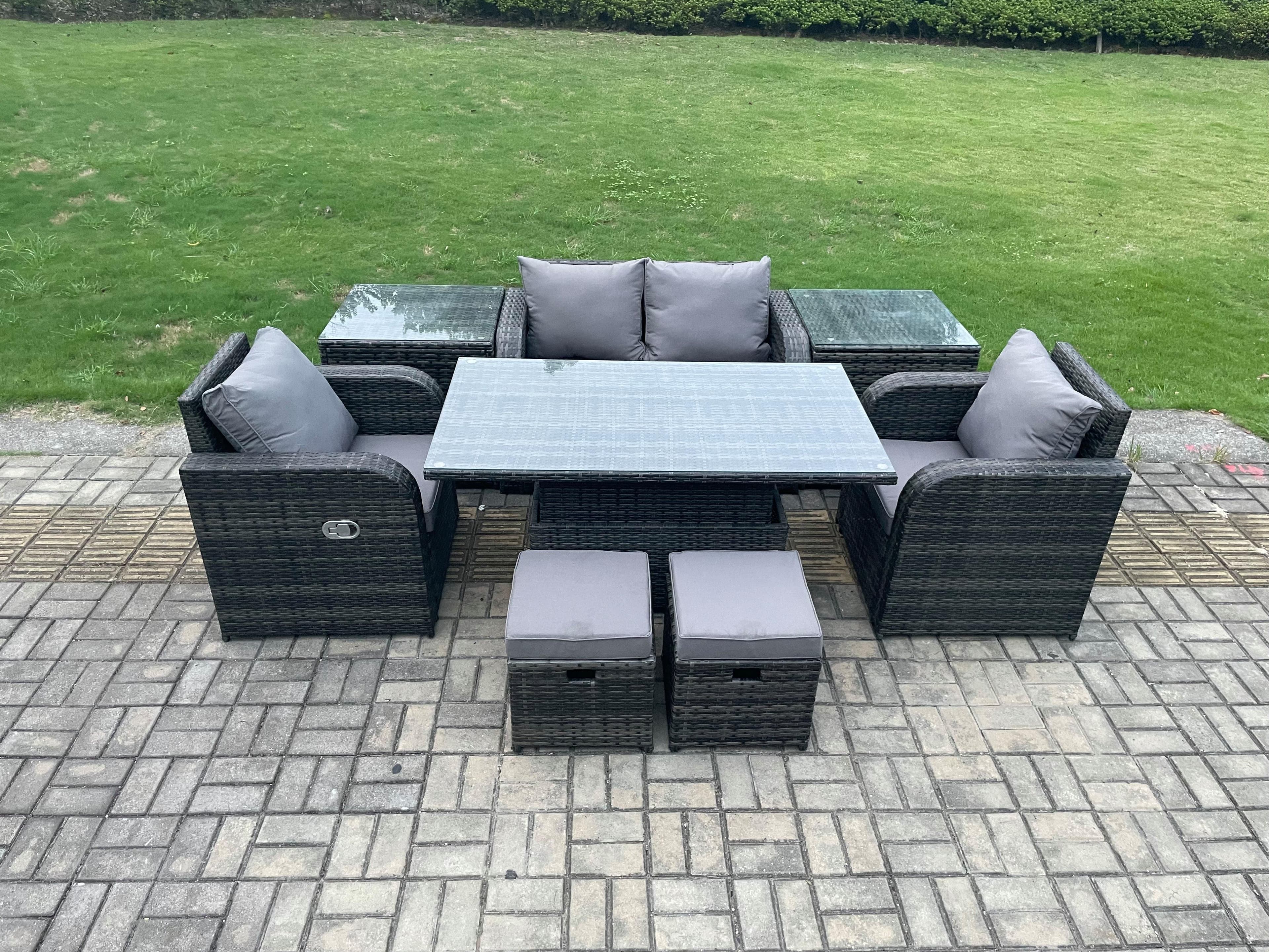 6 Seater Rattan Outdoor Furniture Garden Dining Set Patio Height Adjustable Rising lifting Table Love Sofa Chair