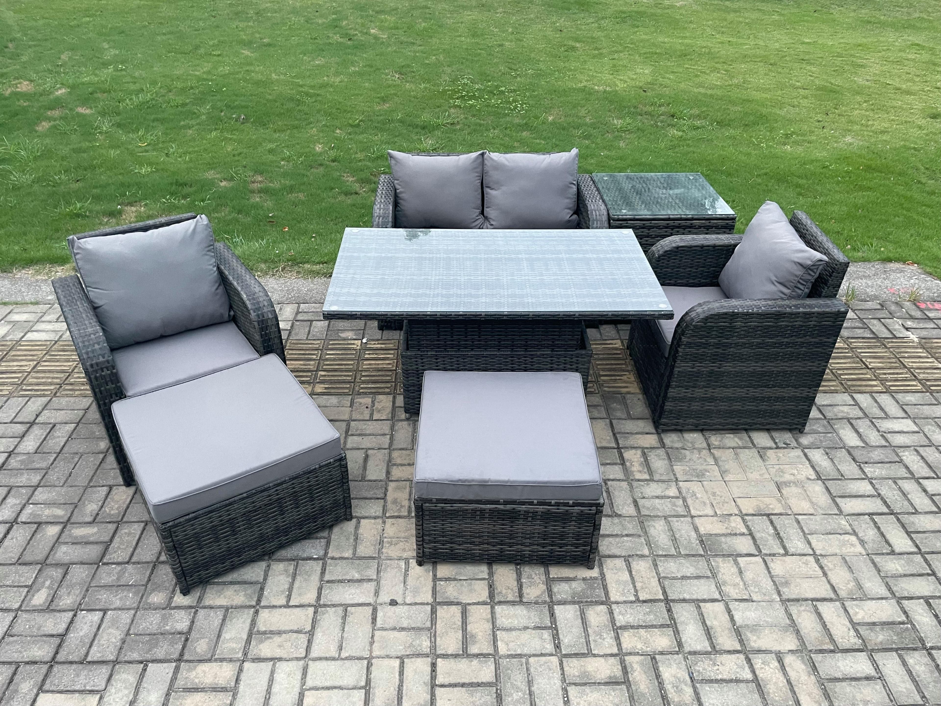 Rattan Outdoor Furniture Garden Dining Sets Patio Height Adjustable Rising lifting Table Love Sofa Chair Set