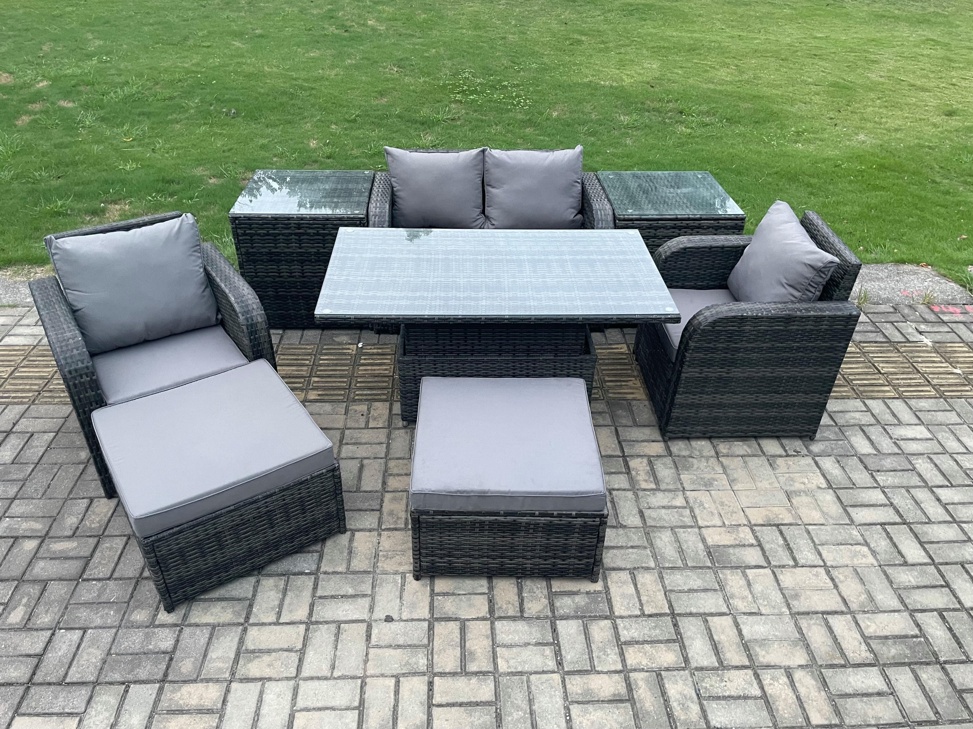 Rattan Furniture Outdoor Garden Dining Sets Patio Height Adjustable Rising lifting Table Love Sofa Stools