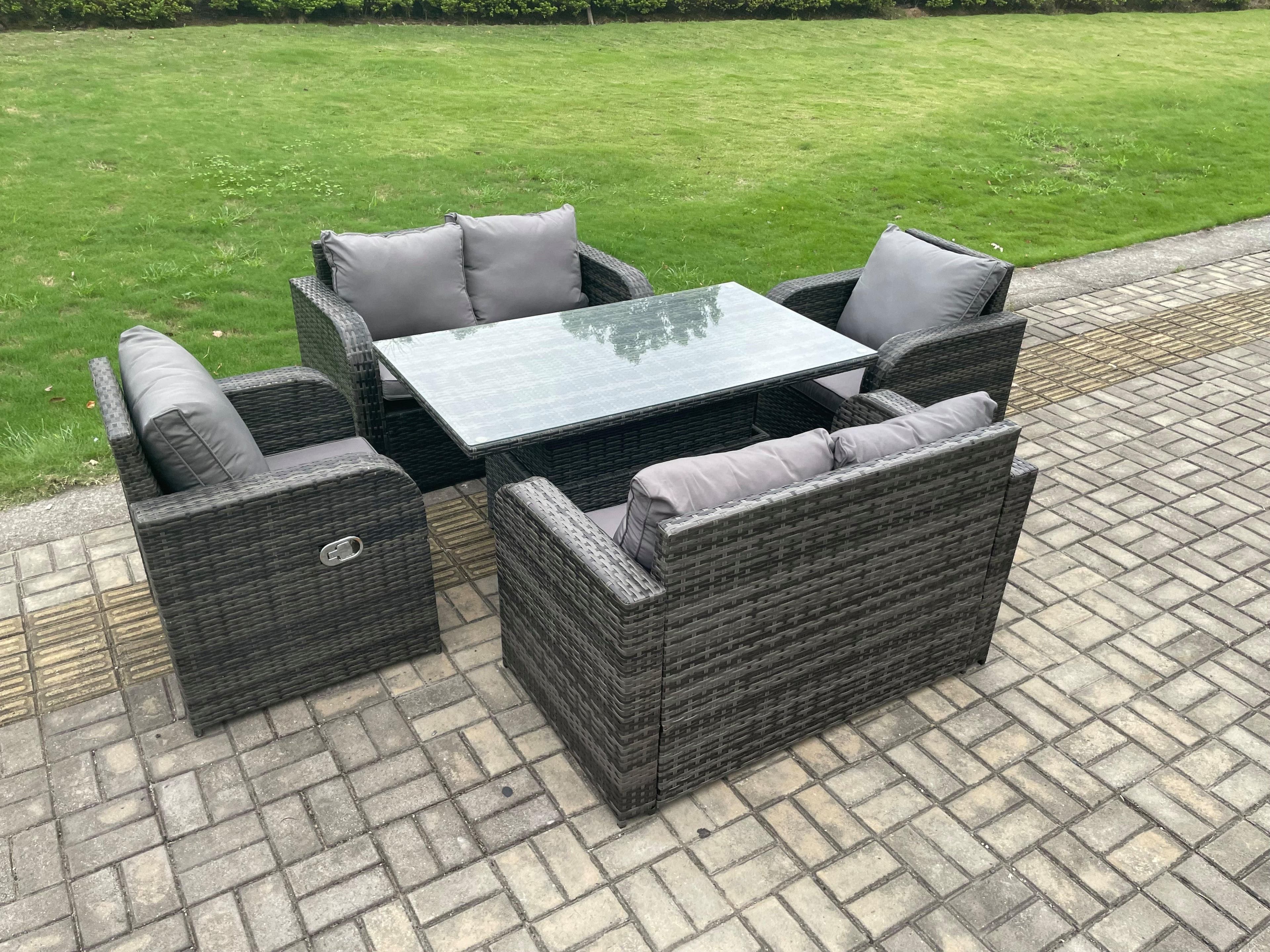 Rattan Furniture Outdoor Garden Dining Set Patio Height Adjustable Rising lifting Table Love Sofa Chair Set