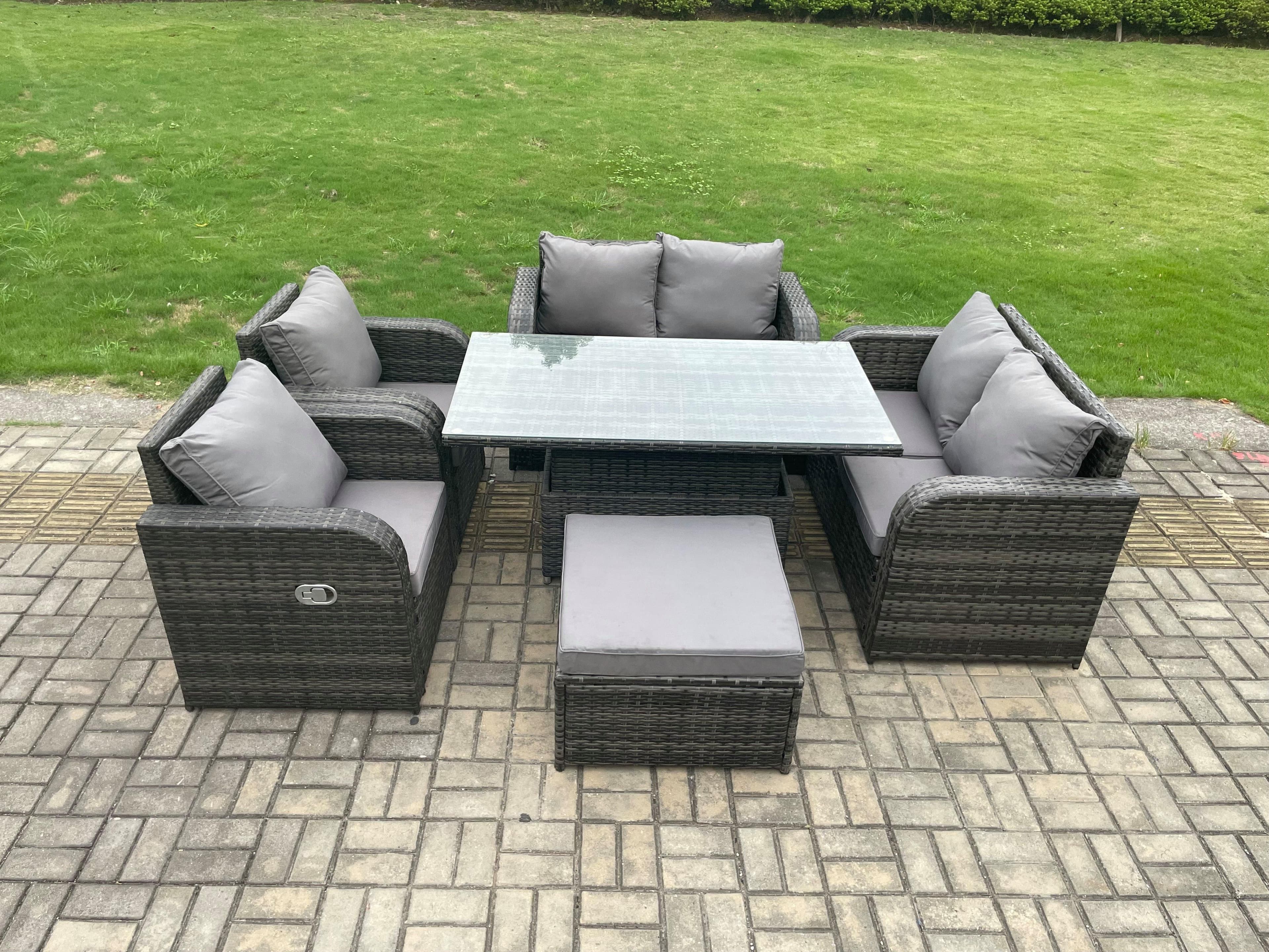 Rattan Furniture Outdoor Garden Dining Set Patio Height Adjustable Rising lifting Table Love Sofa Chair
