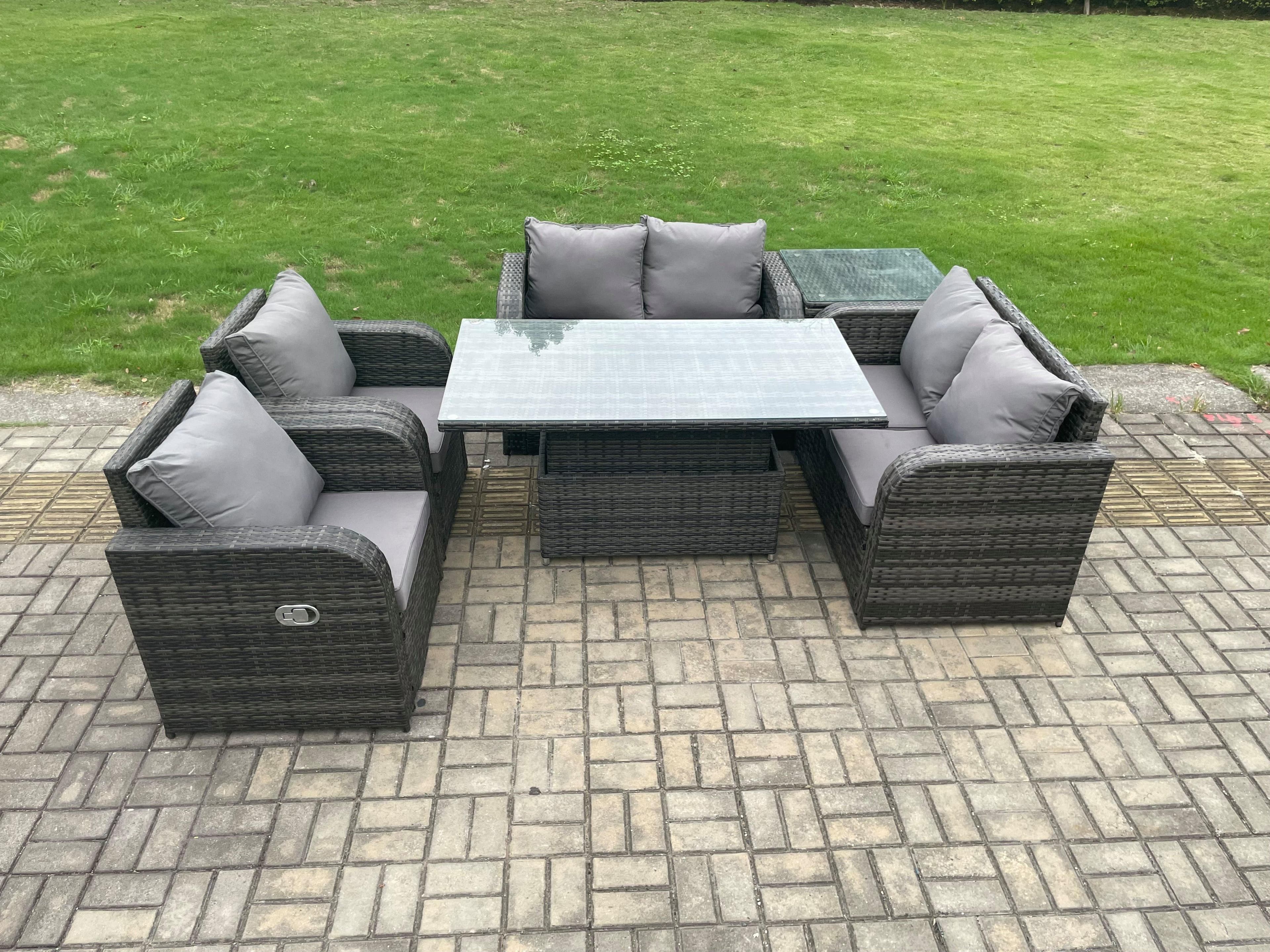 Rattan Furniture Outdoor Garden Dining Set Height Adjustable Rising lifting Table Love Sofa Chair Side Table