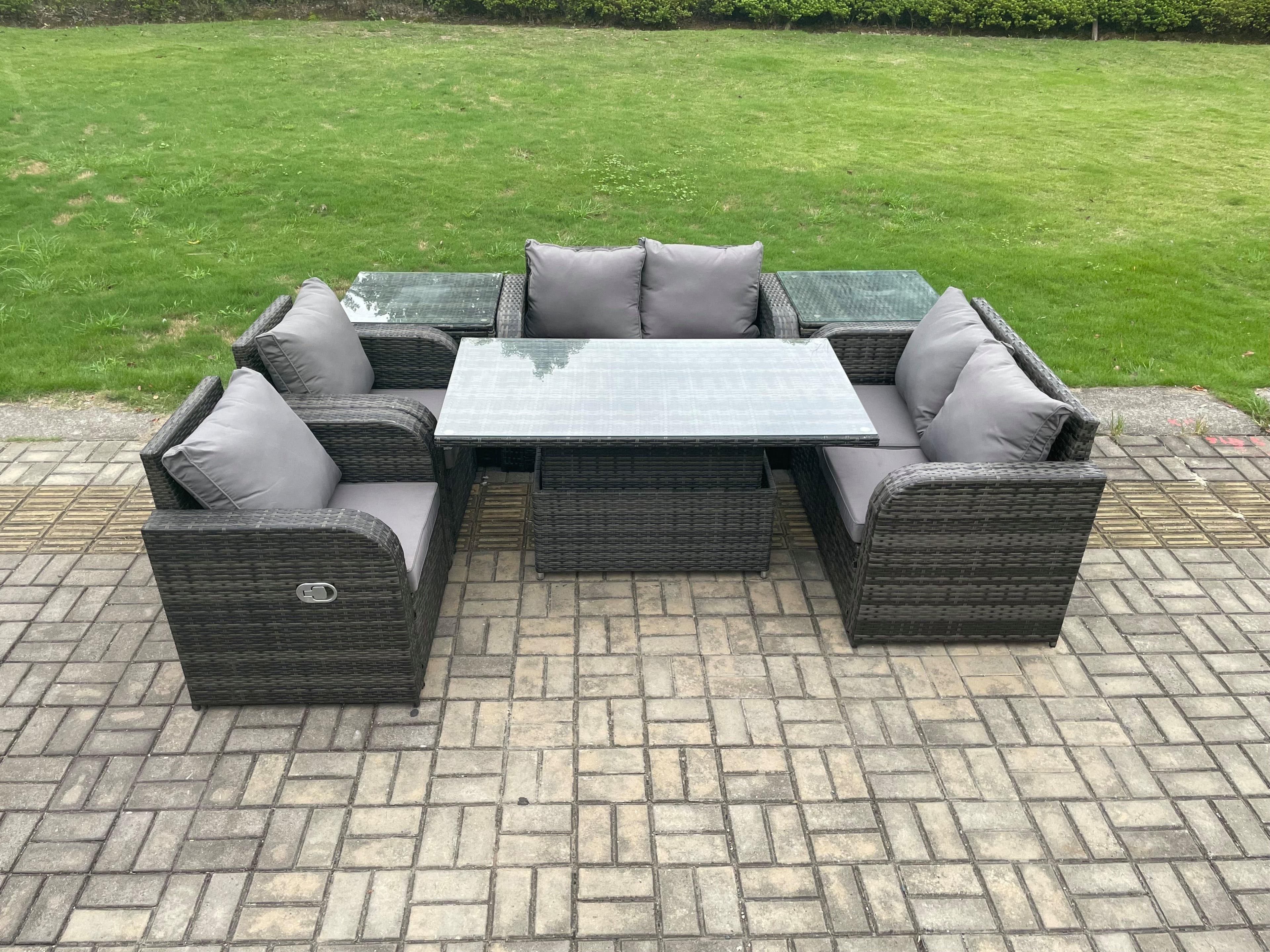 Outdoor Rattan Garden Furniture Set Patio Height Adjustable Rising lifting Dining Table Love Sofa