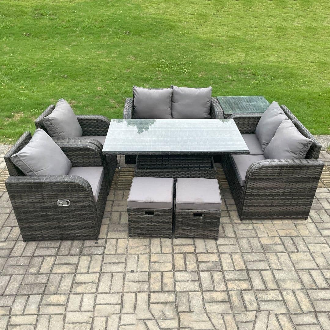 Outdoor Rattan Garden Furniture Set Patio Height Adjustable Rising lifting Dining Table Love Sofa Side Table
