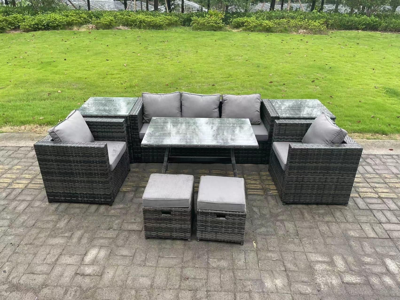 Rattan Outdoor Furniture Sofa Garden Dining Set Dining Table 2 Armchairs 2 Side Tables Small Stools