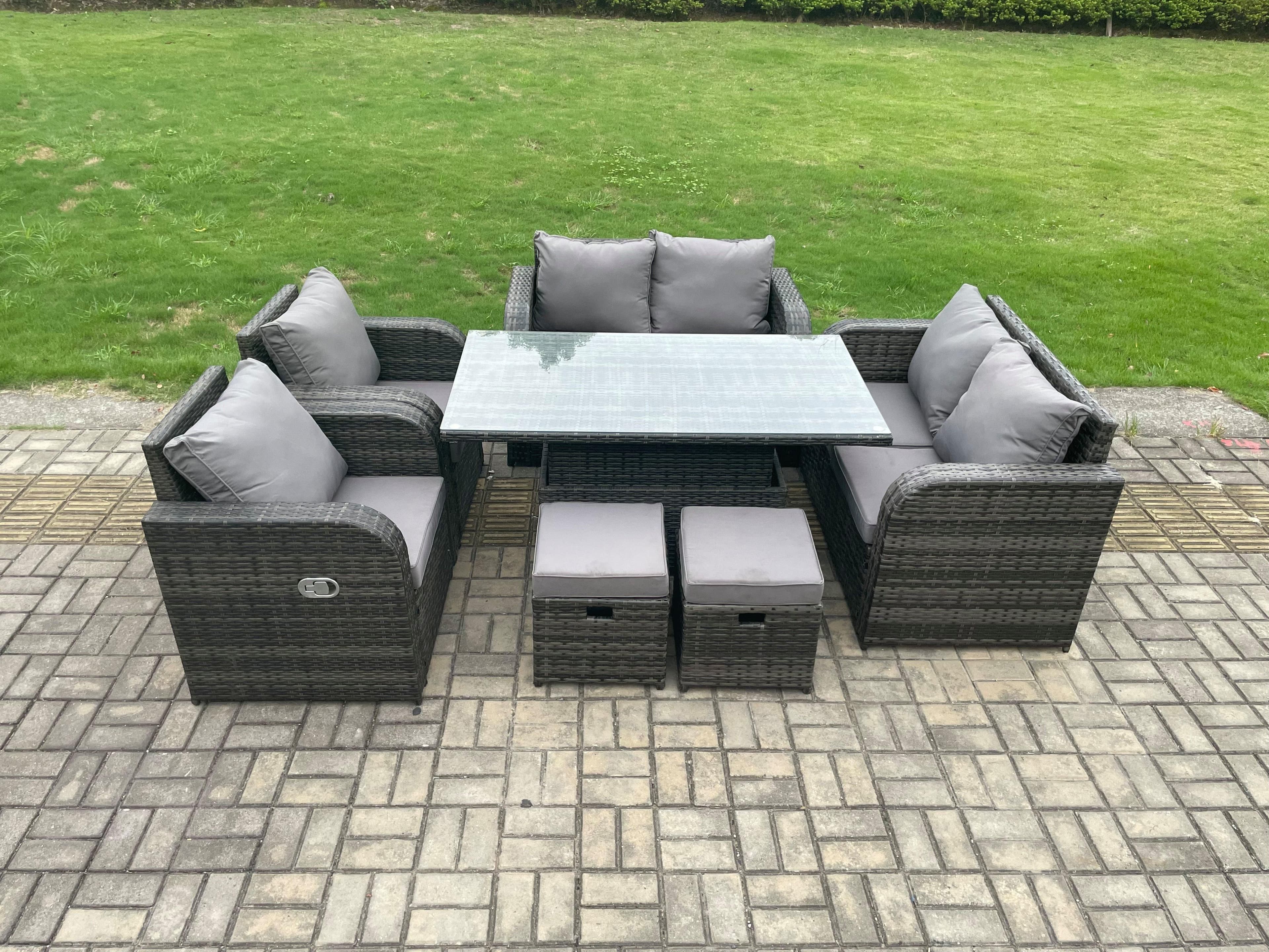 Wicker PE Rattan Furniture Garden Dining Set Outdoor Height Adjustable Rising lifting Table Love Sofa Chairs